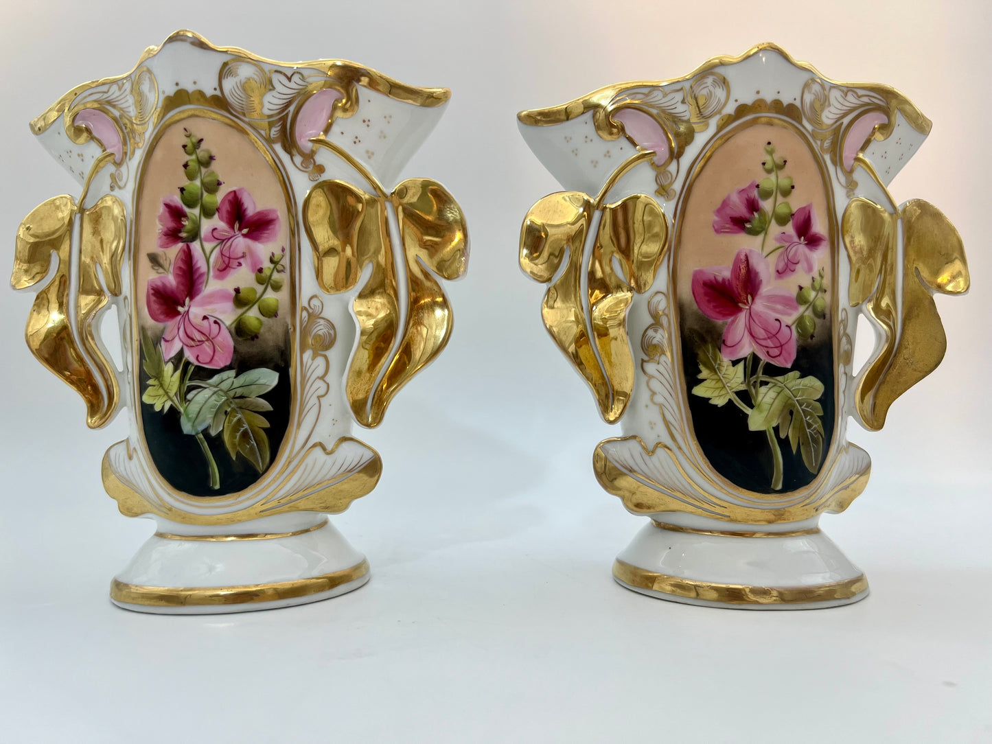 PAIR OF ANTIQUE OLD PARIS PORCELAIN FLORAL VASES, CIRCA 1800s