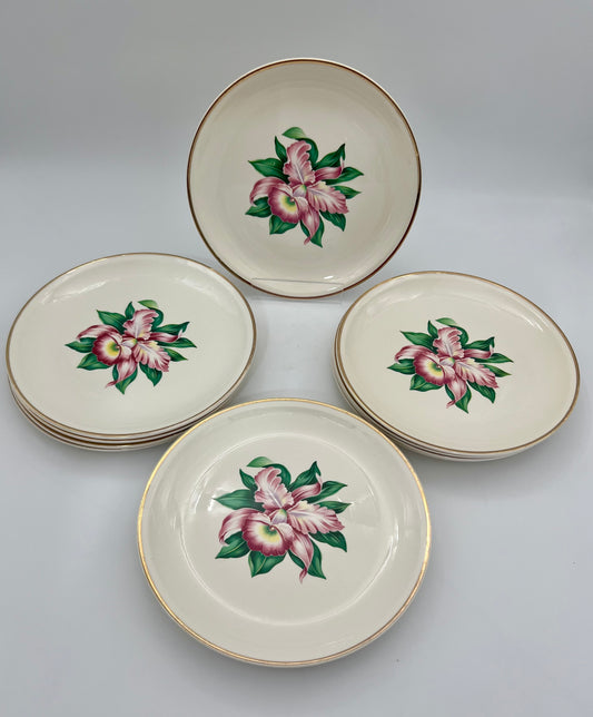 MID-CENTURY MODERN ORCHID 22 K GOLD DINNER PLATES, SET OF 12