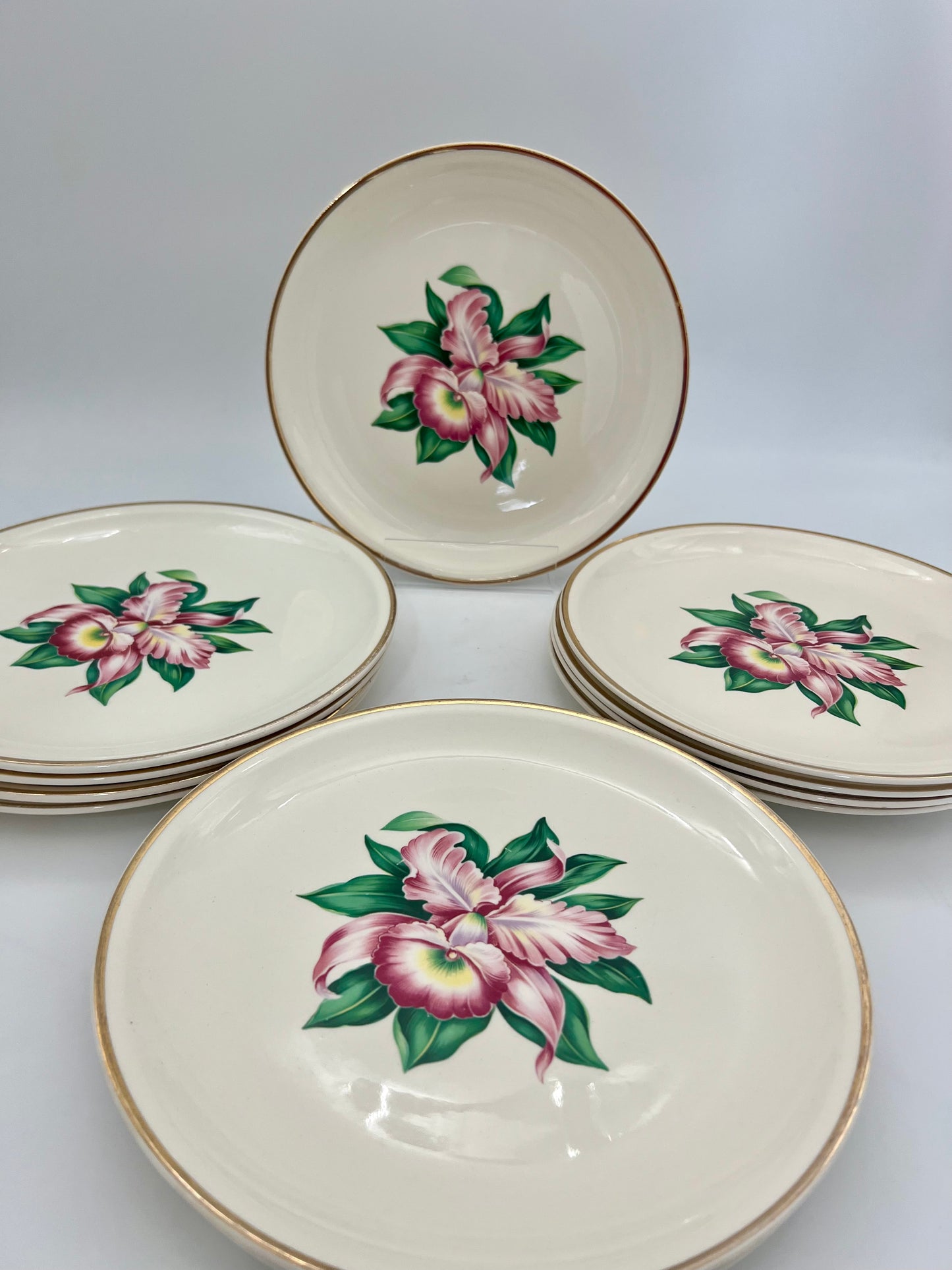 MID-CENTURY MODERN ORCHID 22 K GOLD DINNER PLATES, SET OF 12