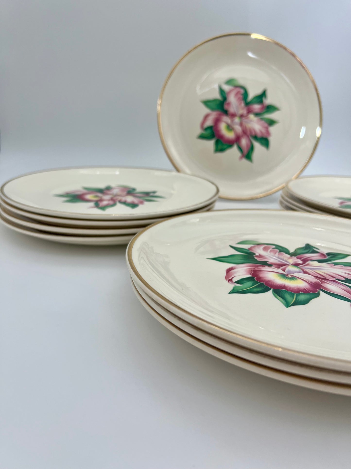 MID-CENTURY MODERN ORCHID 22 K GOLD DINNER PLATES, SET OF 12