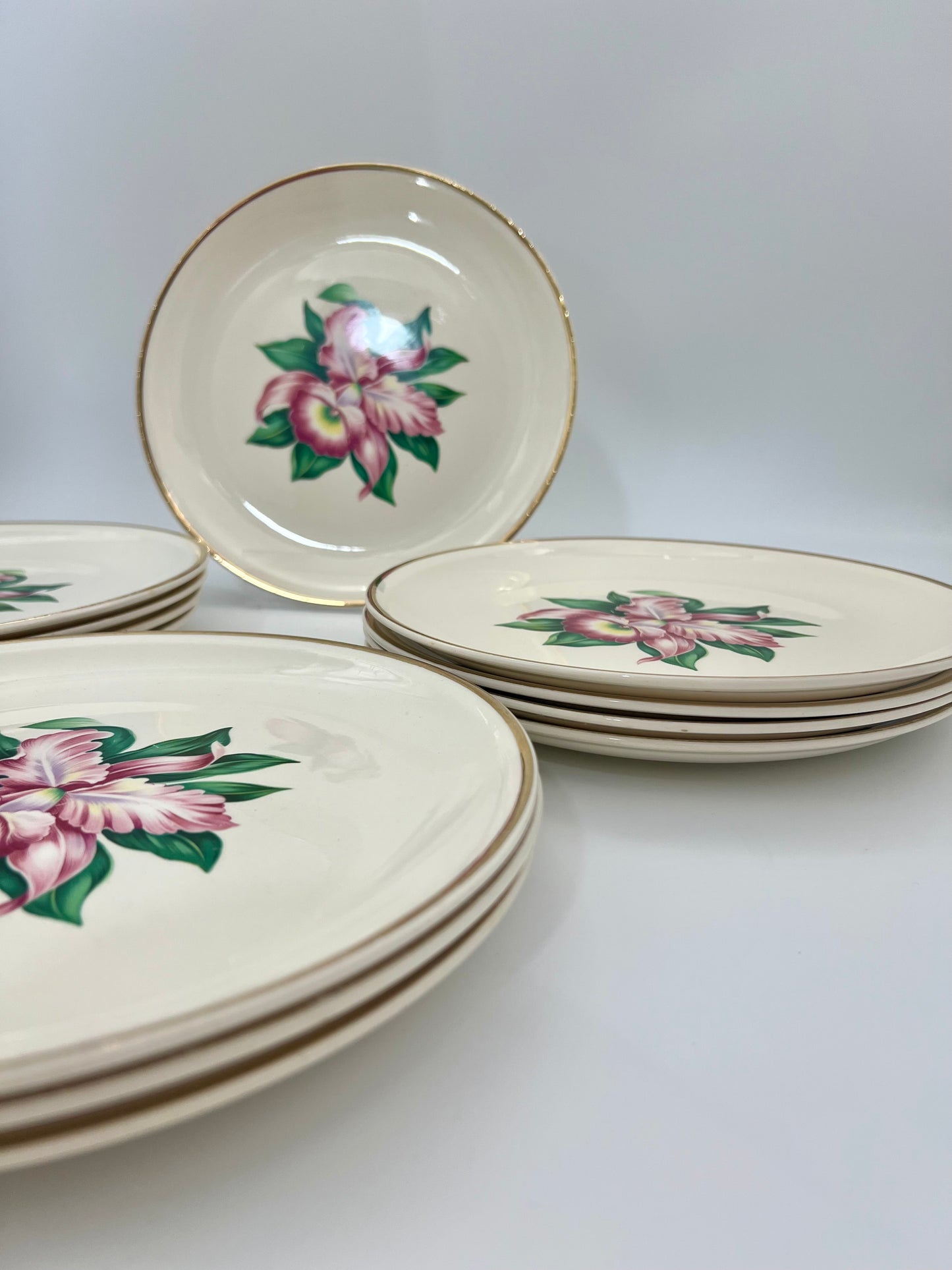 MID-CENTURY MODERN ORCHID 22 K GOLD DINNER PLATES, SET OF 12
