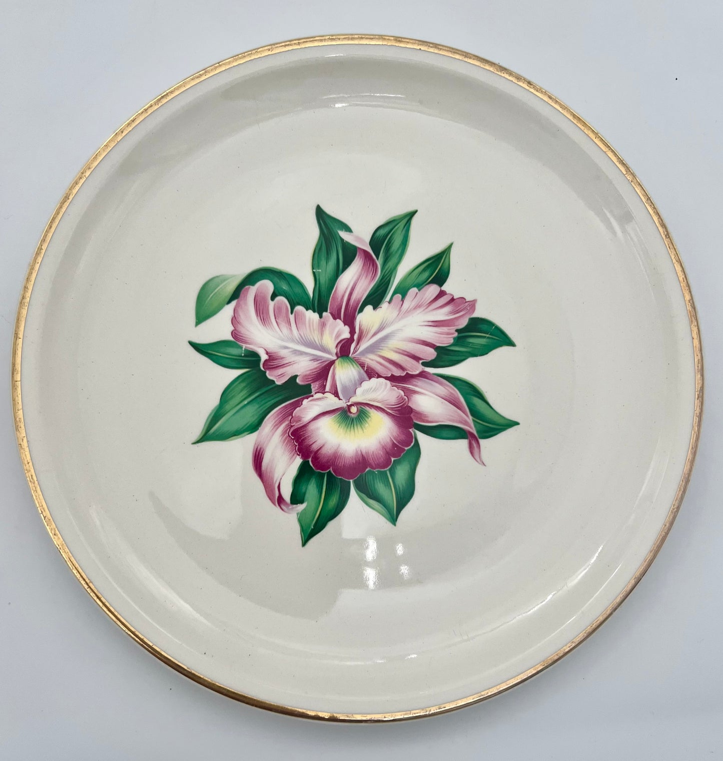 MID-CENTURY MODERN ORCHID 22 K GOLD DINNER PLATES, SET OF 12