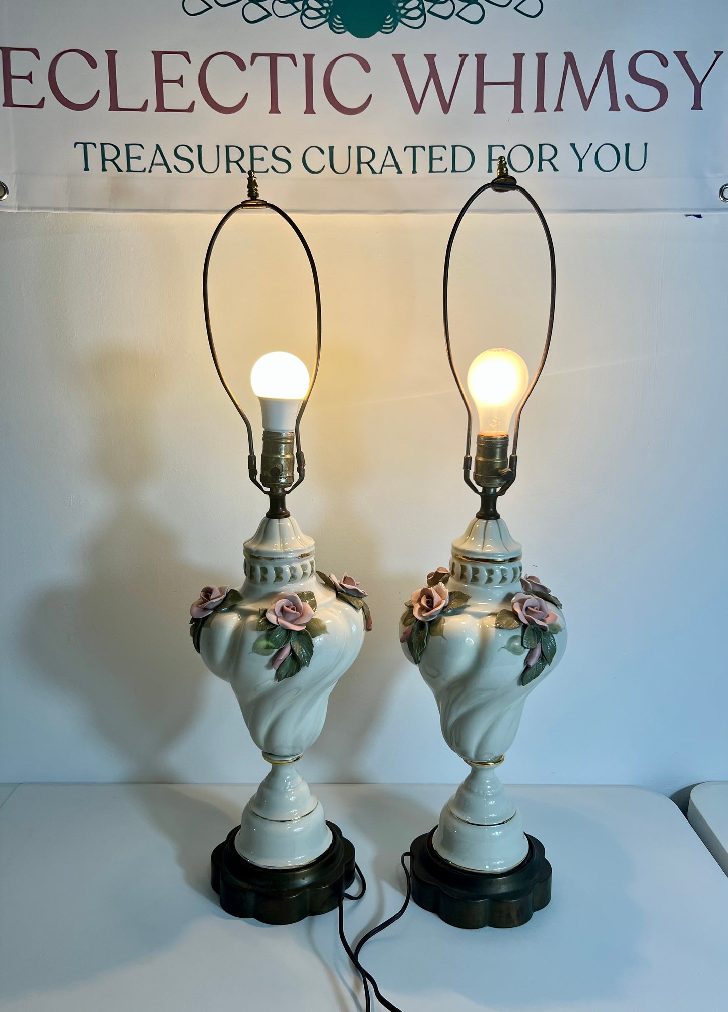 PAIR OF MIDCENTURY FRENCH PORCELAIN ROSE LAMPS