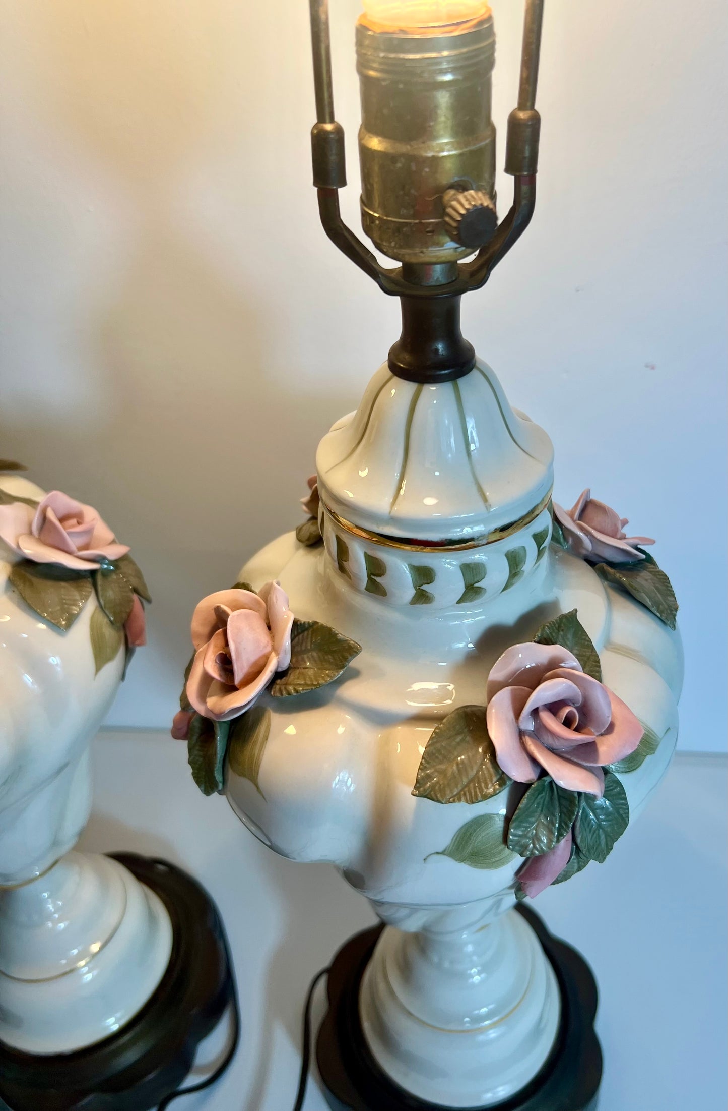 PAIR OF MIDCENTURY FRENCH PORCELAIN ROSE LAMPS