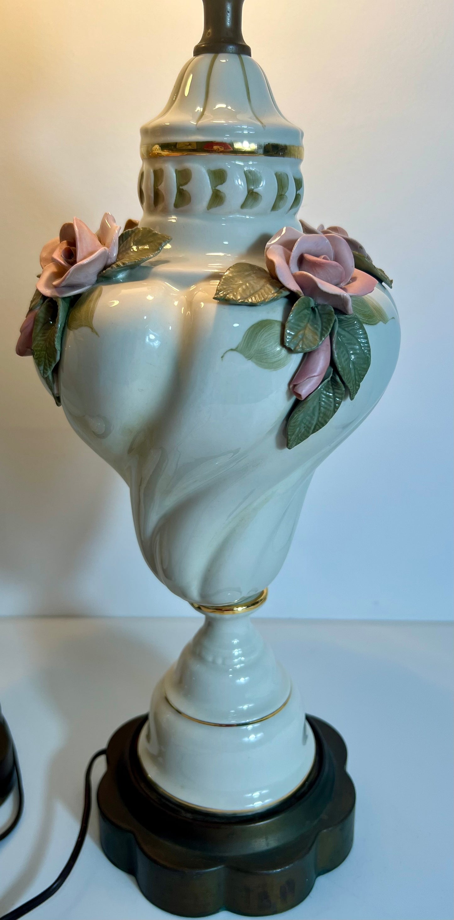 PAIR OF MIDCENTURY FRENCH PORCELAIN ROSE LAMPS