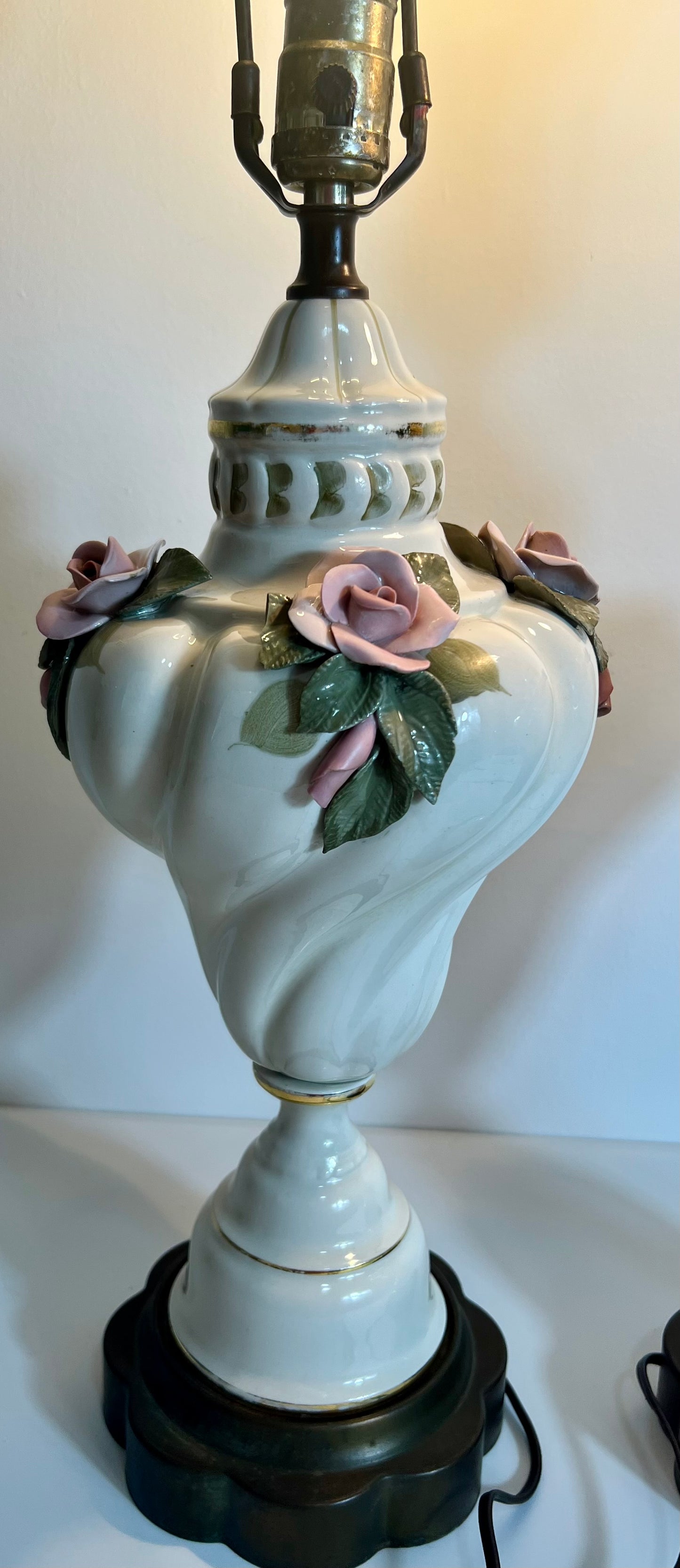 PAIR OF MIDCENTURY FRENCH PORCELAIN ROSE LAMPS
