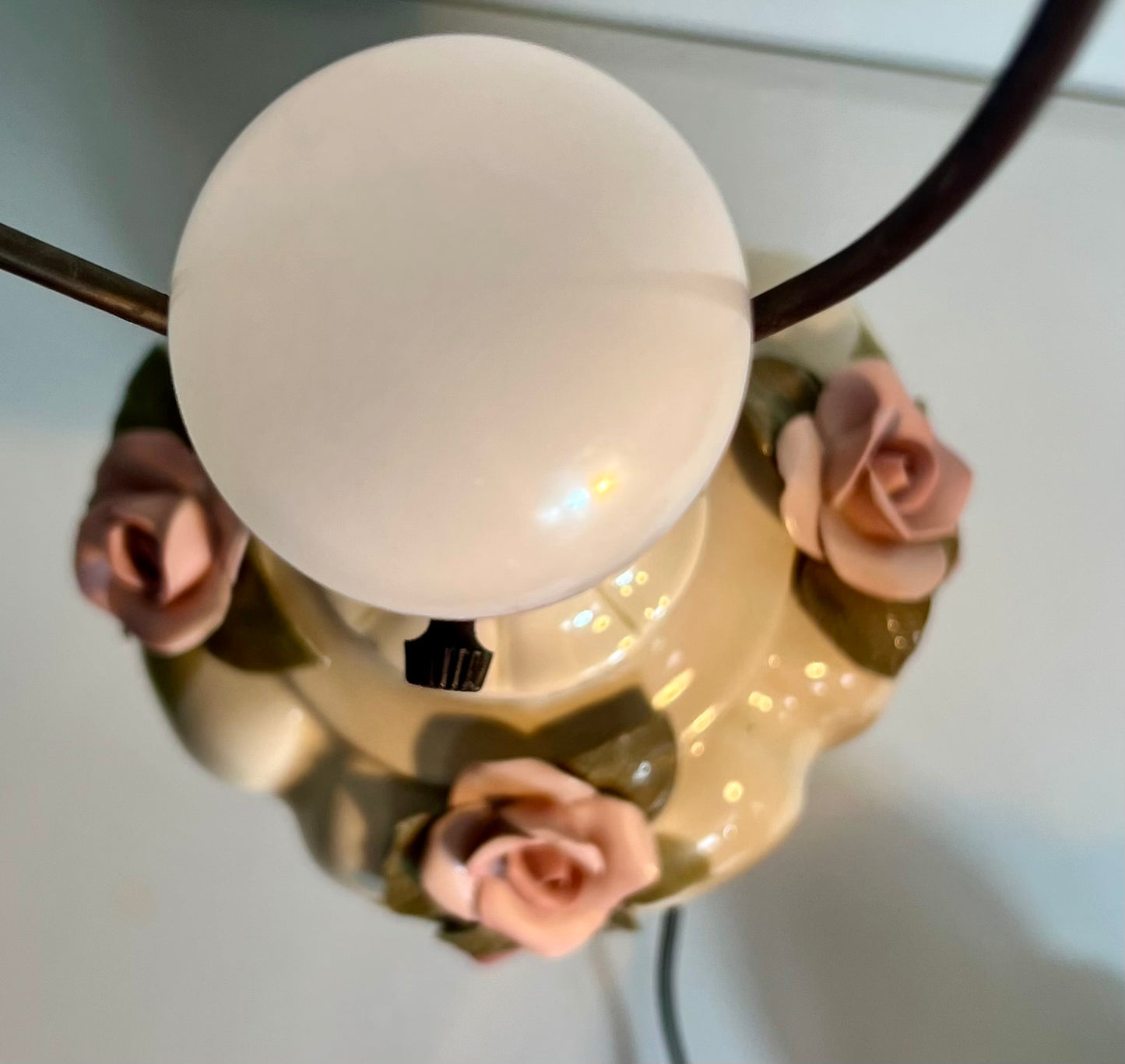 PAIR OF MIDCENTURY FRENCH PORCELAIN ROSE LAMPS