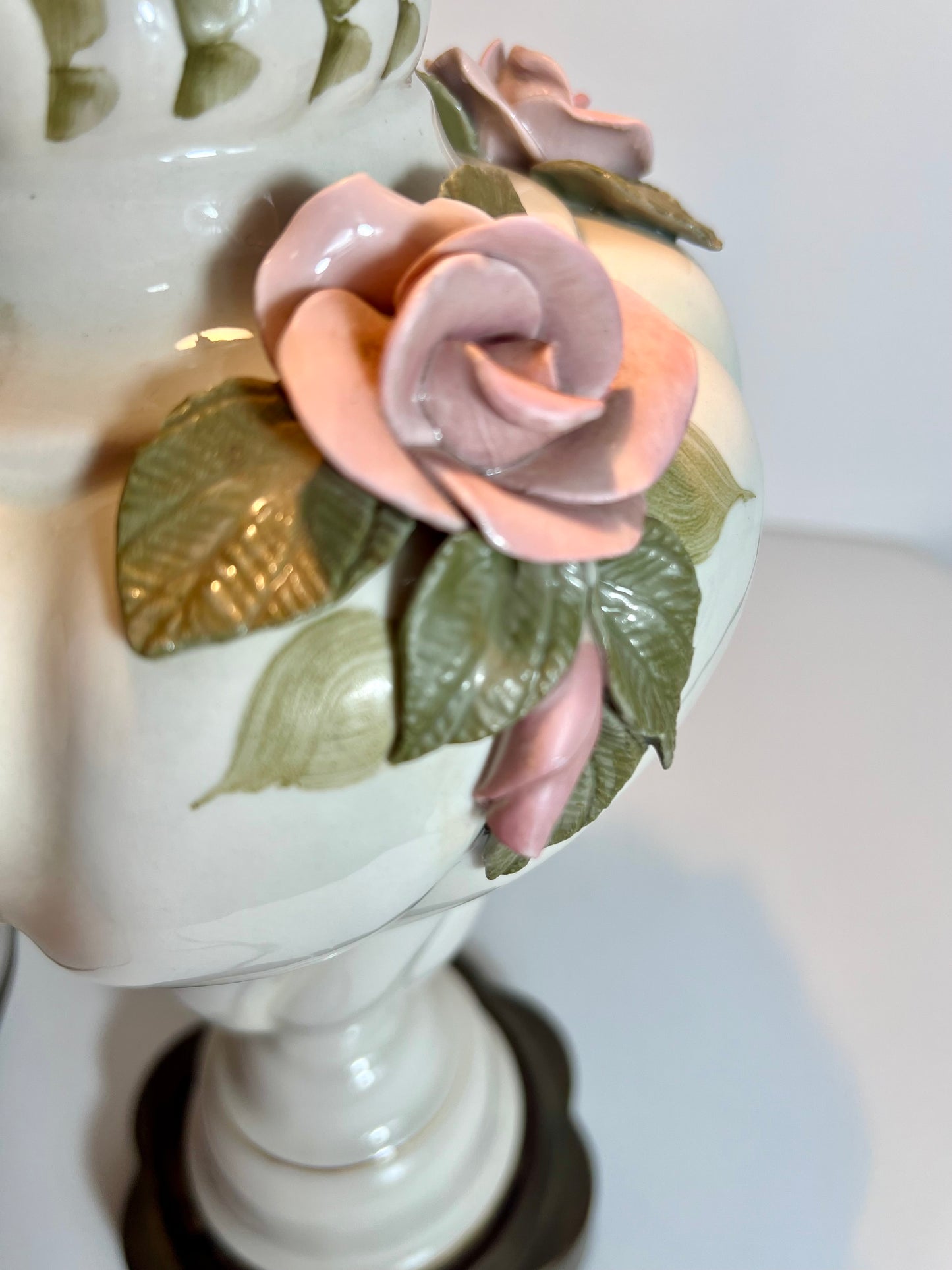 PAIR OF MIDCENTURY FRENCH PORCELAIN ROSE LAMPS