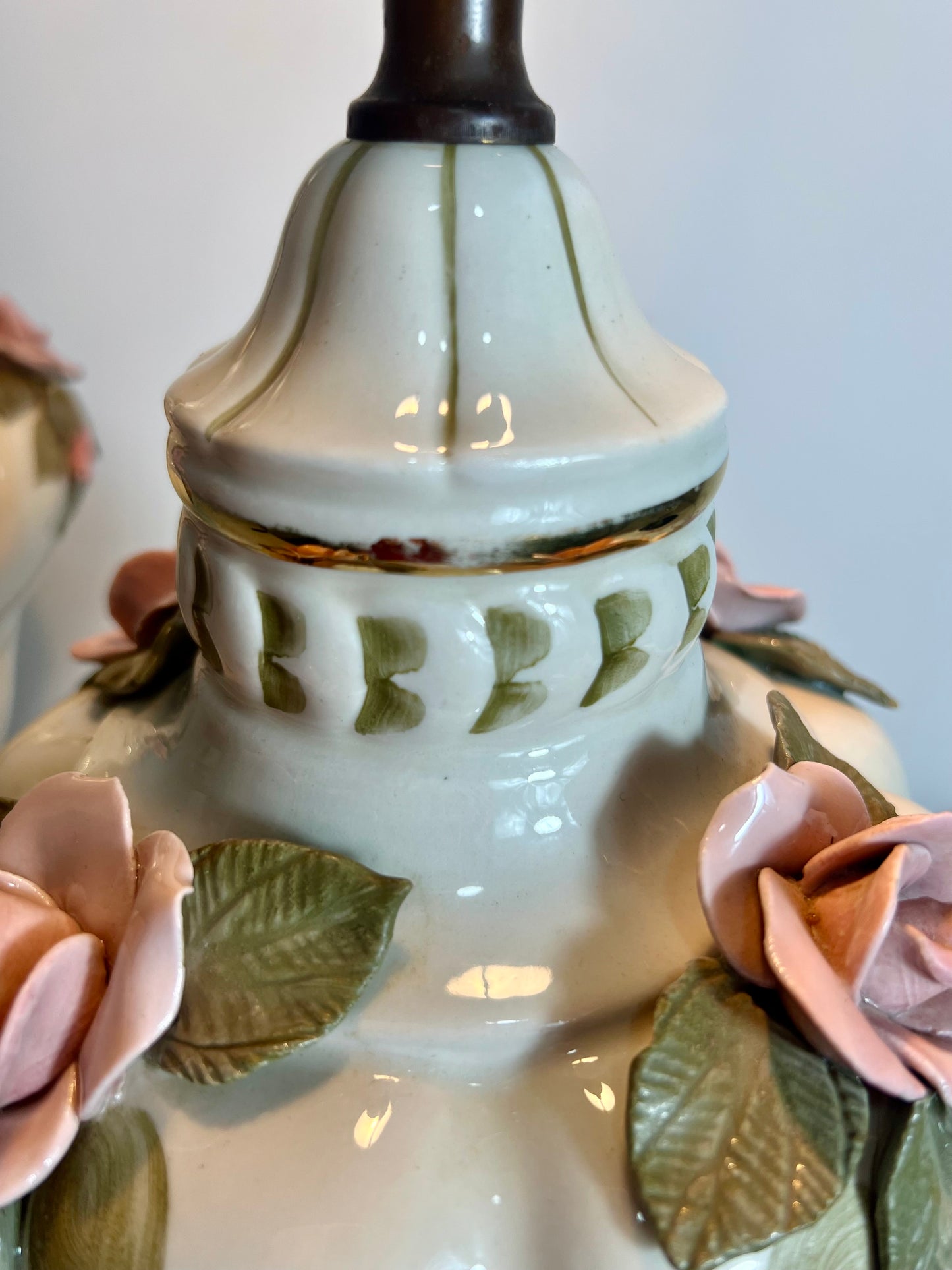 PAIR OF MIDCENTURY FRENCH PORCELAIN ROSE LAMPS