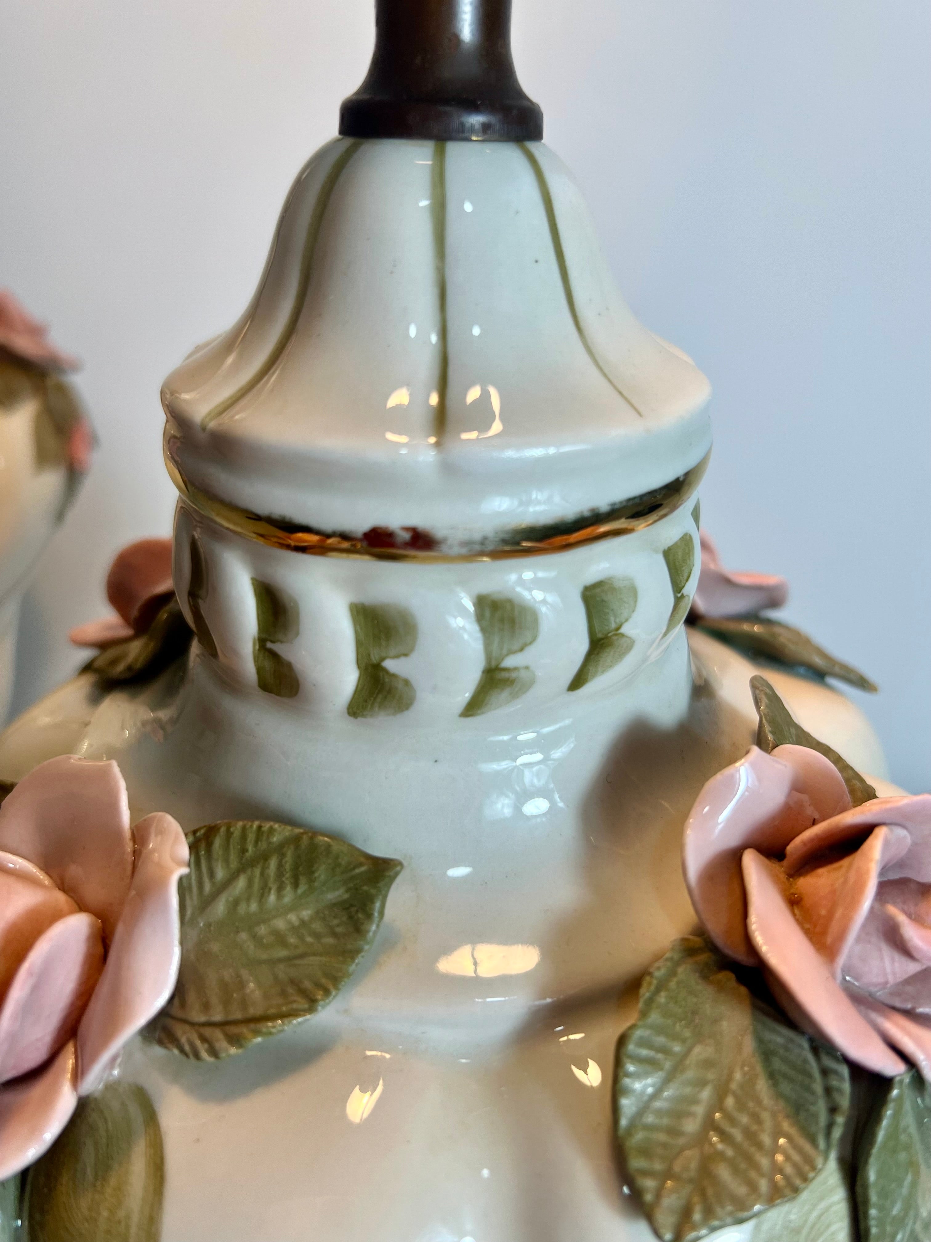 PAIR OF VINTAGE PORCELAIN FLORAL TABLE LAMPS – CAPODIMONTE STYLE WHIMSY