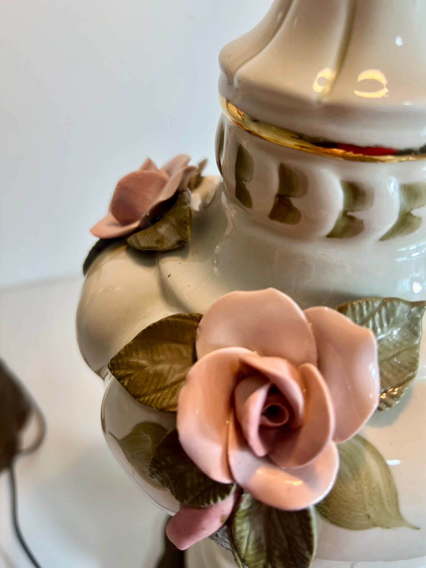 PAIR OF MIDCENTURY FRENCH PORCELAIN ROSE LAMPS