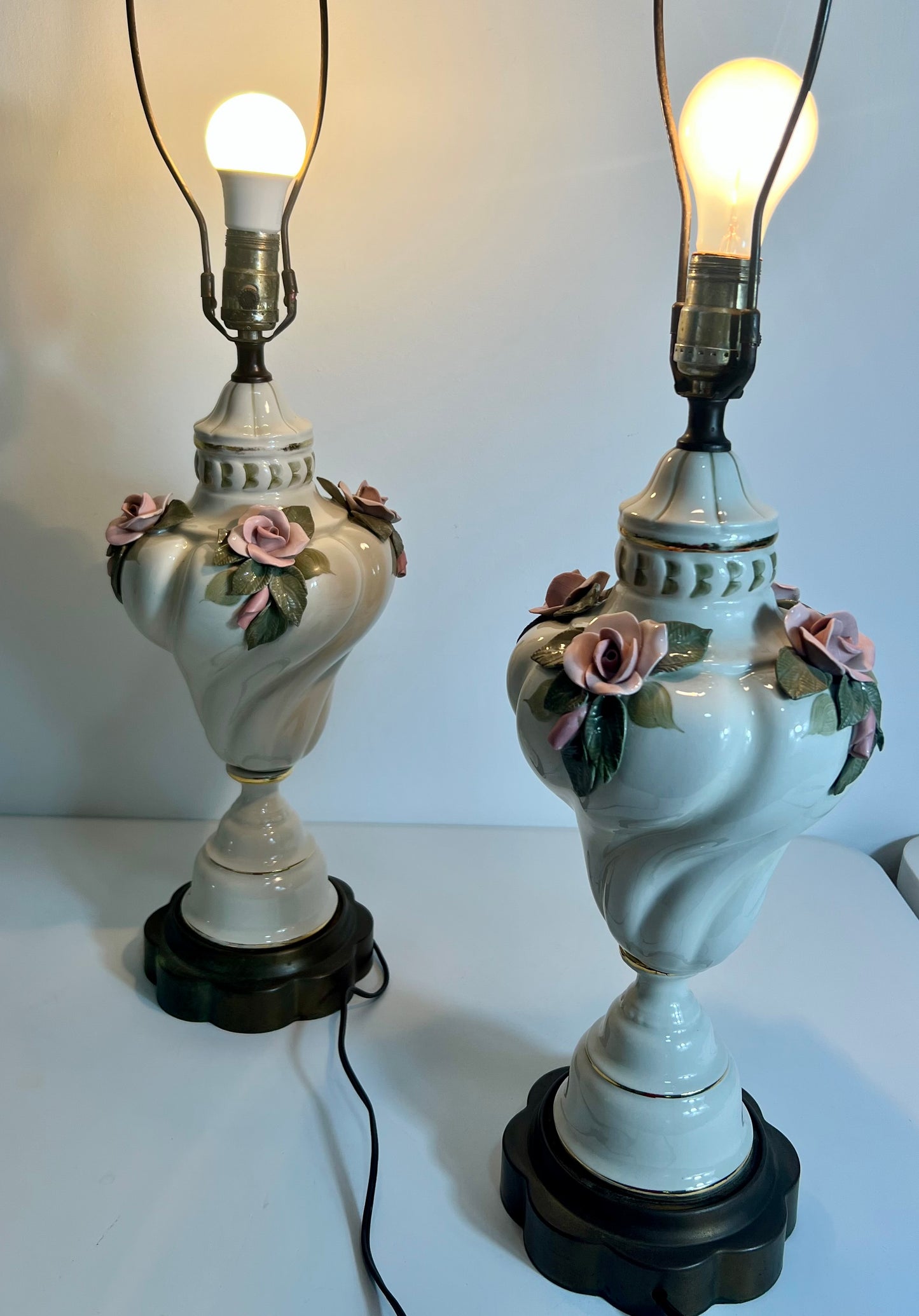 PAIR OF MIDCENTURY FRENCH PORCELAIN ROSE LAMPS