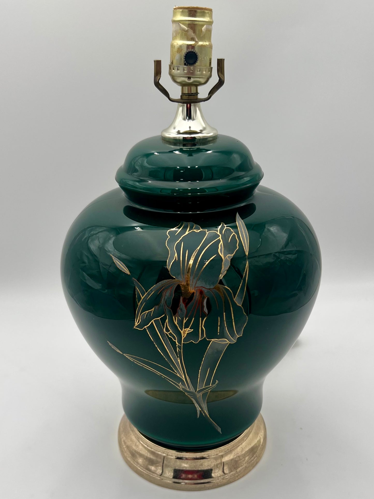 MID CENTURY GOLD IRIS FLOWER GREEN TABLE LAMP