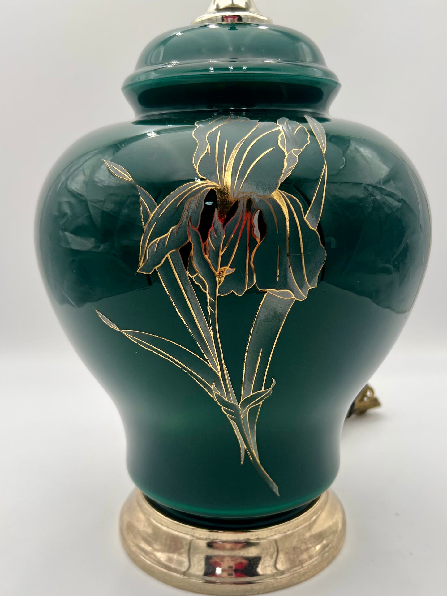 MID CENTURY GOLD IRIS FLOWER GREEN TABLE LAMP