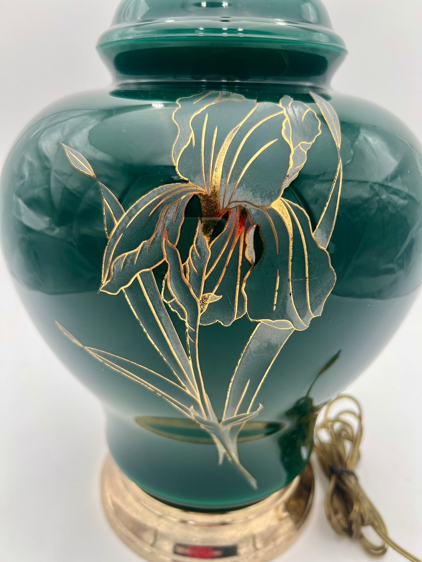 MID CENTURY GOLD IRIS FLOWER GREEN TABLE LAMP