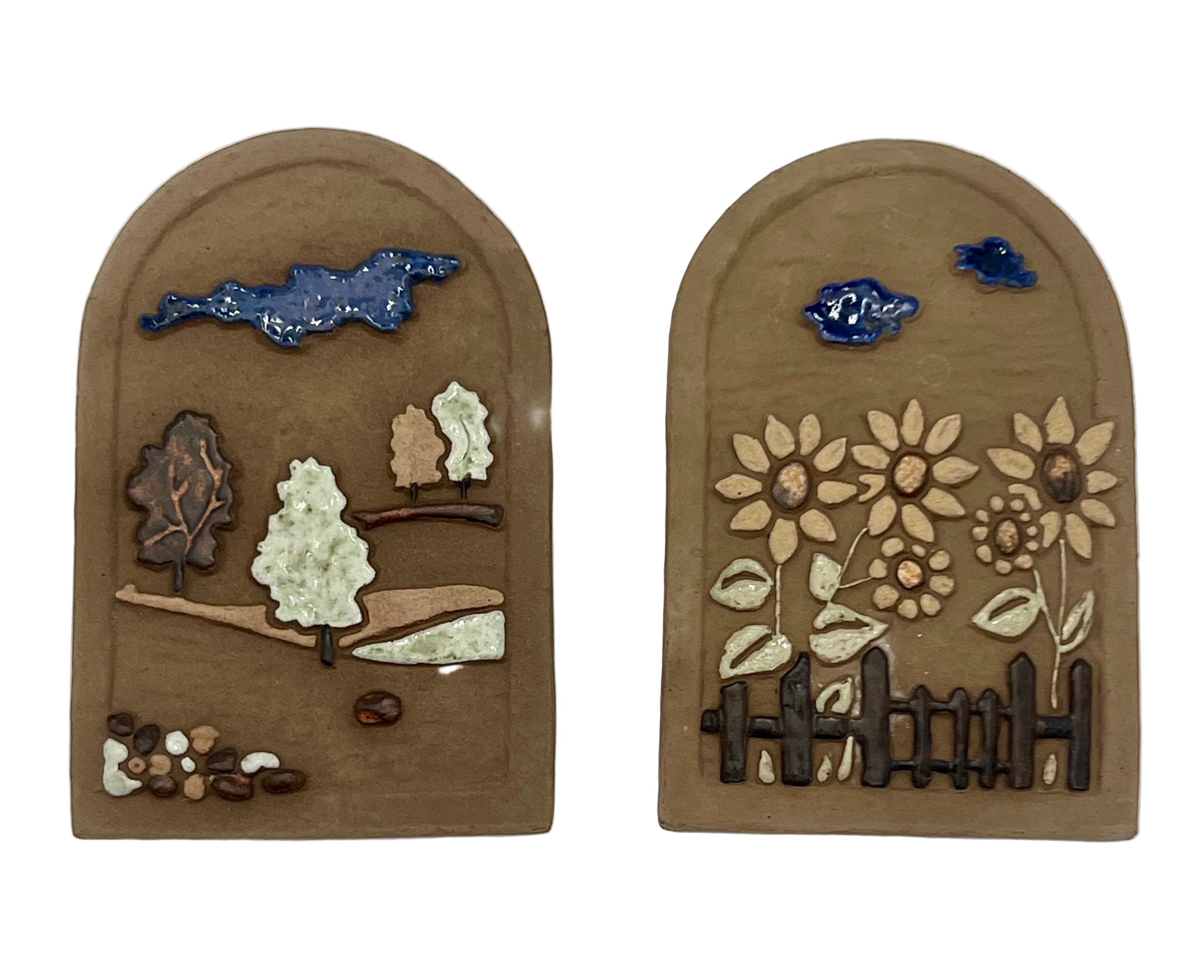 VINTAGE HANDMADE STONEWARE LANDSCAPE WALL PLAQUE | FOLK ART COUNTRYSIDE SCENE | STUDIO POTTERY DECOR