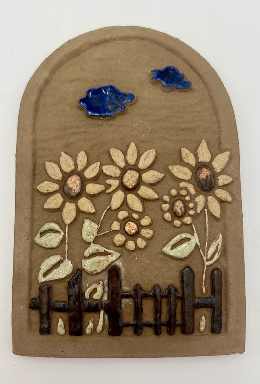 VINTAGE HANDMADE STONEWARE SUNFLOWER WALL PLAQUE | FOLK ART FLORAL POTTERY | RUSTIC STUDIO DECOR
