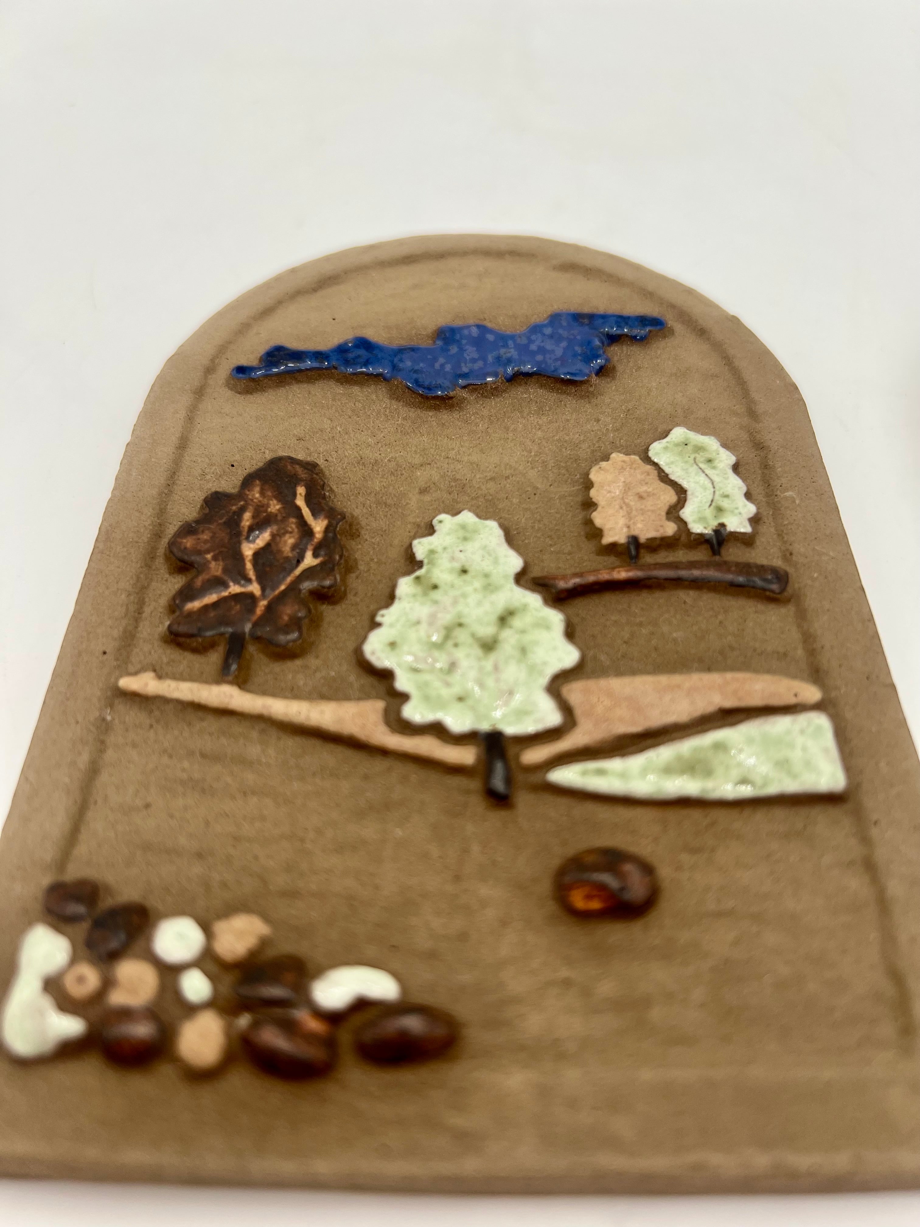 VINTAGE HANDMADE STONEWARE LANDSCAPE WALL PLAQUE | FOLK ART COUNTRYSIDE SCENE | STUDIO POTTERY DECOR