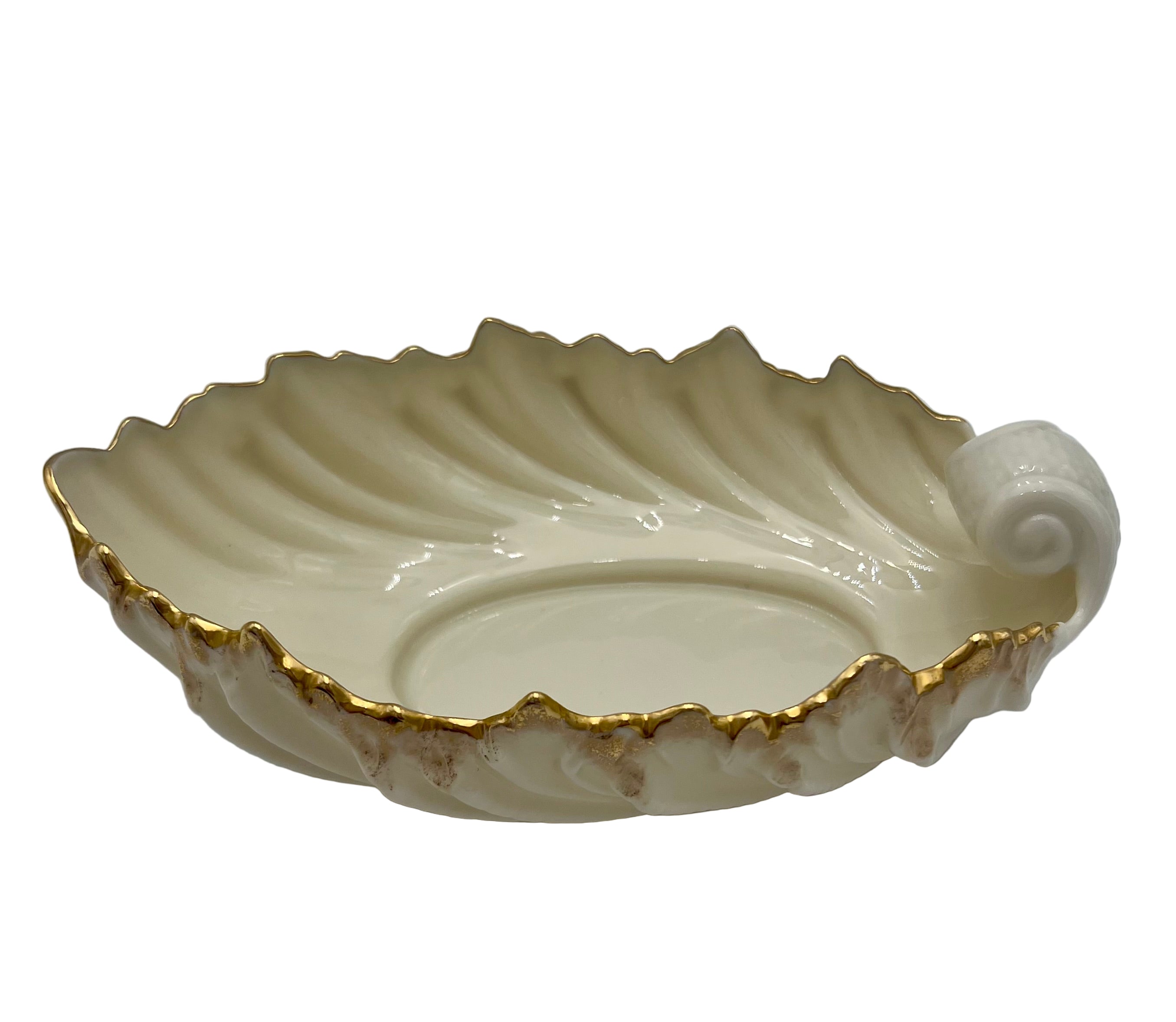 Vintage Lenox Porcelain Shell Dish with Gold Trim, Made in USA Nautilus Bowl, Hollywood Regency Ivory Catchall, 9 Inch