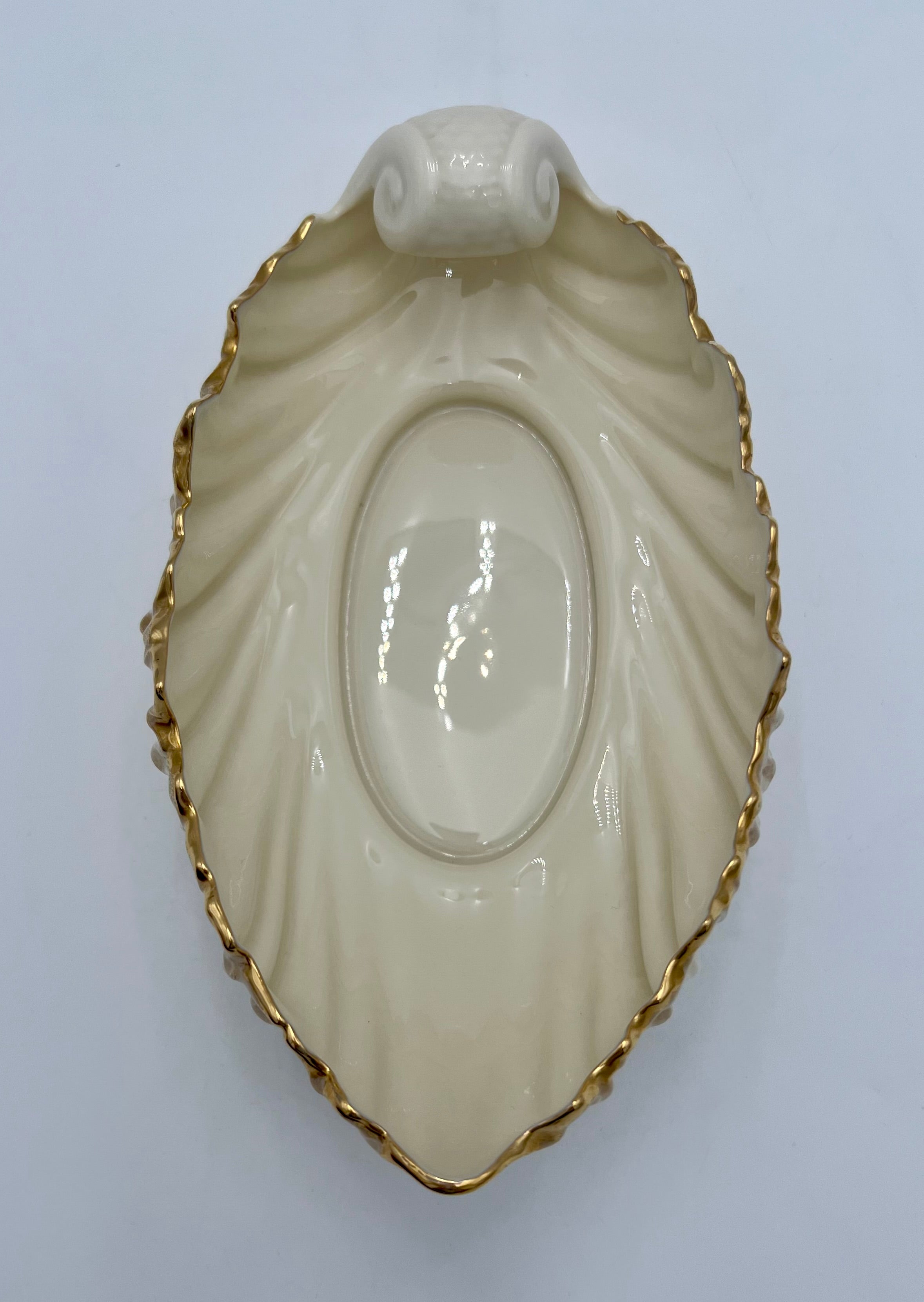 Vintage Lenox Porcelain Shell Dish with Gold Trim, Made in USA Nautilus Bowl, Hollywood Regency Ivory Catchall, 9 Inch