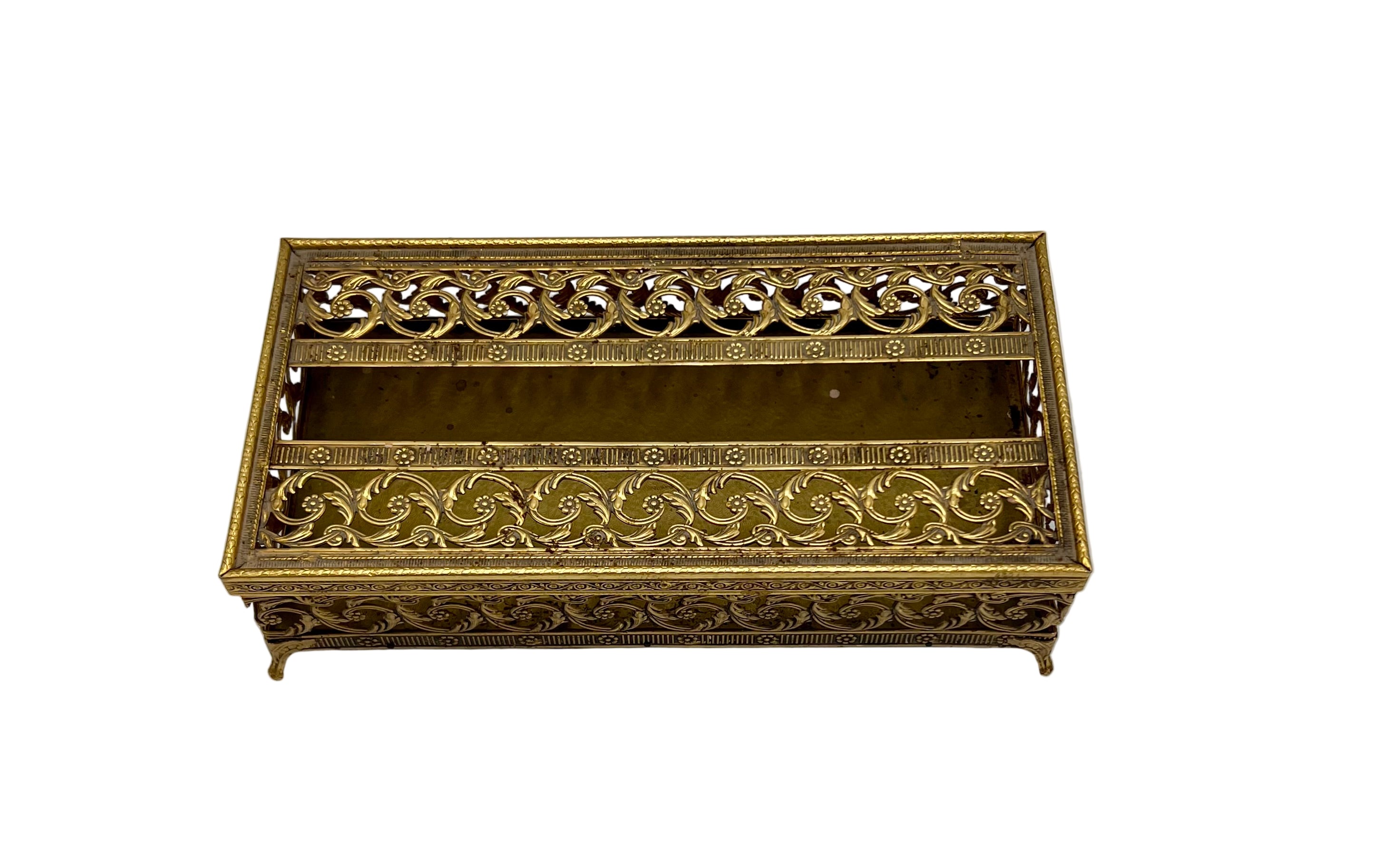 VINTAGE GILT BRASS FILIGREE JEWELRY BOX FRENCH VANITY TRINKET CASKET HOLLYWOOD REGENCY DECOR