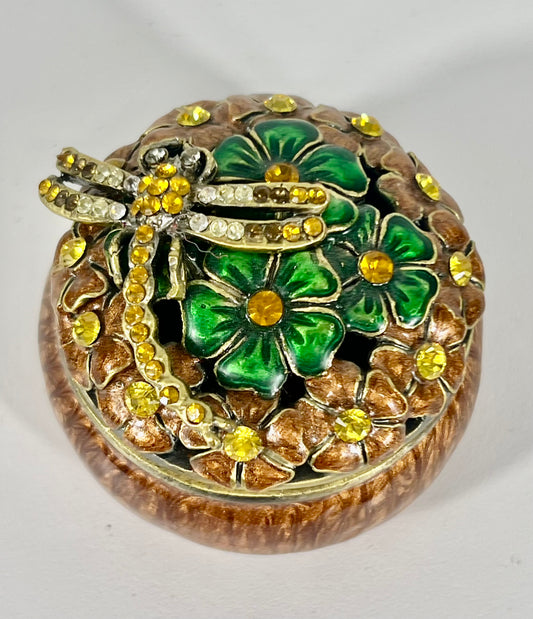 VINTAGE DRAGONFLY YELLOW CRYSTALS ROSE GOLD TRINKET/JEWELRY BOX