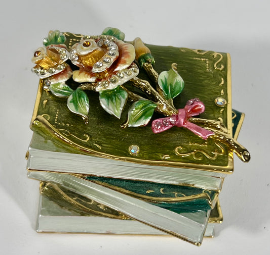 VINTAGE BIJORCA TRINKET/JEWELRY BOX STACKED BOOKS WITH FLOWERS AND CRYSTALS