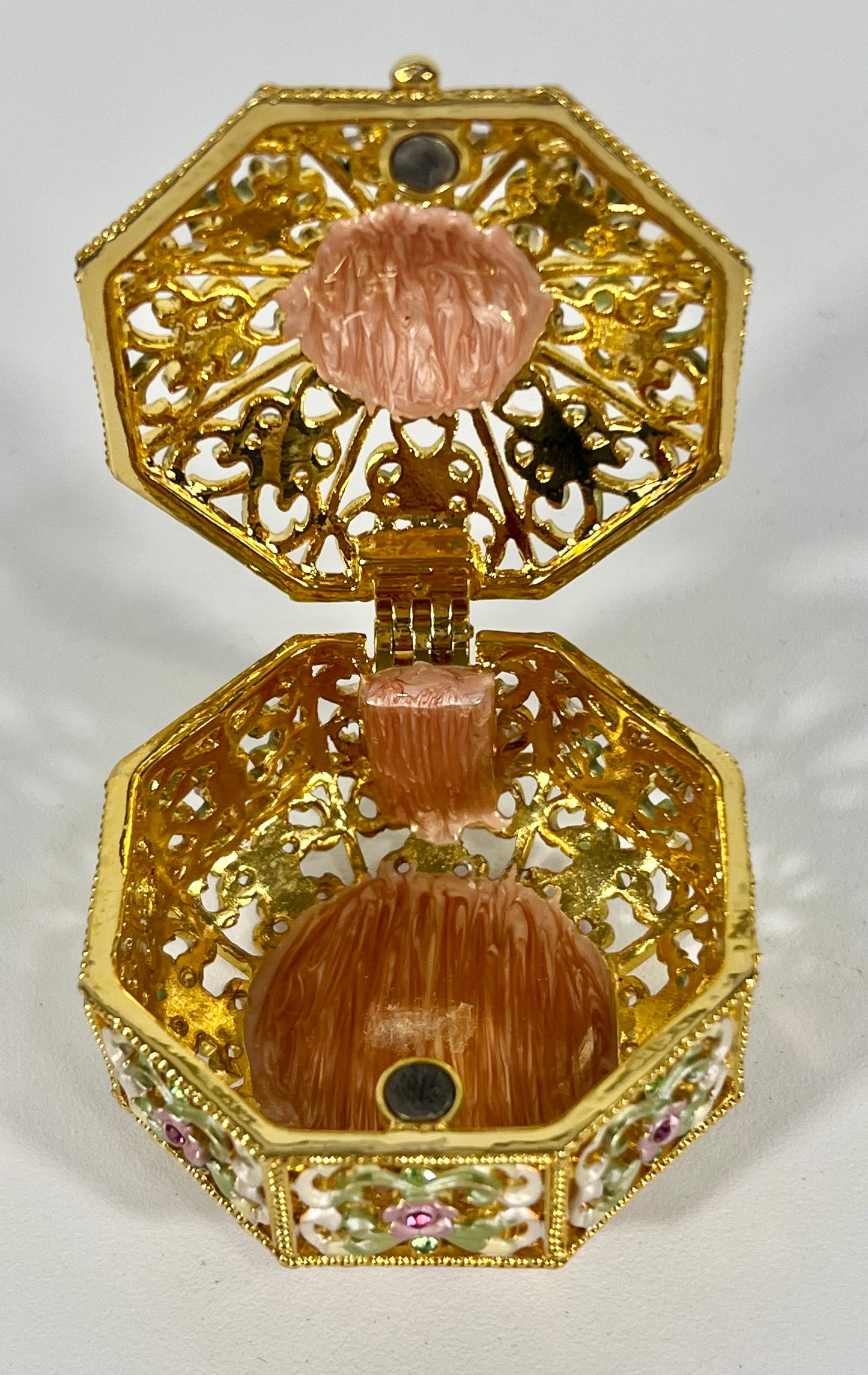 VINTAGE GREEN AND PINK CRYSTALS AND GOLD TRINKET/JEWELRY BOX