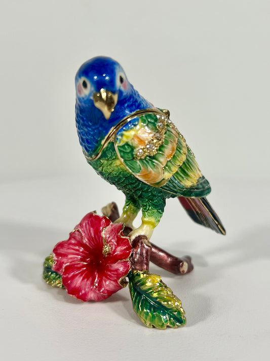 VINTAGE BIJORCA COLORFUL AND DETAILED PARROT SITTING ON A HIBISCUS FLOWER WITH WHITE CRYSTAL DETAILS