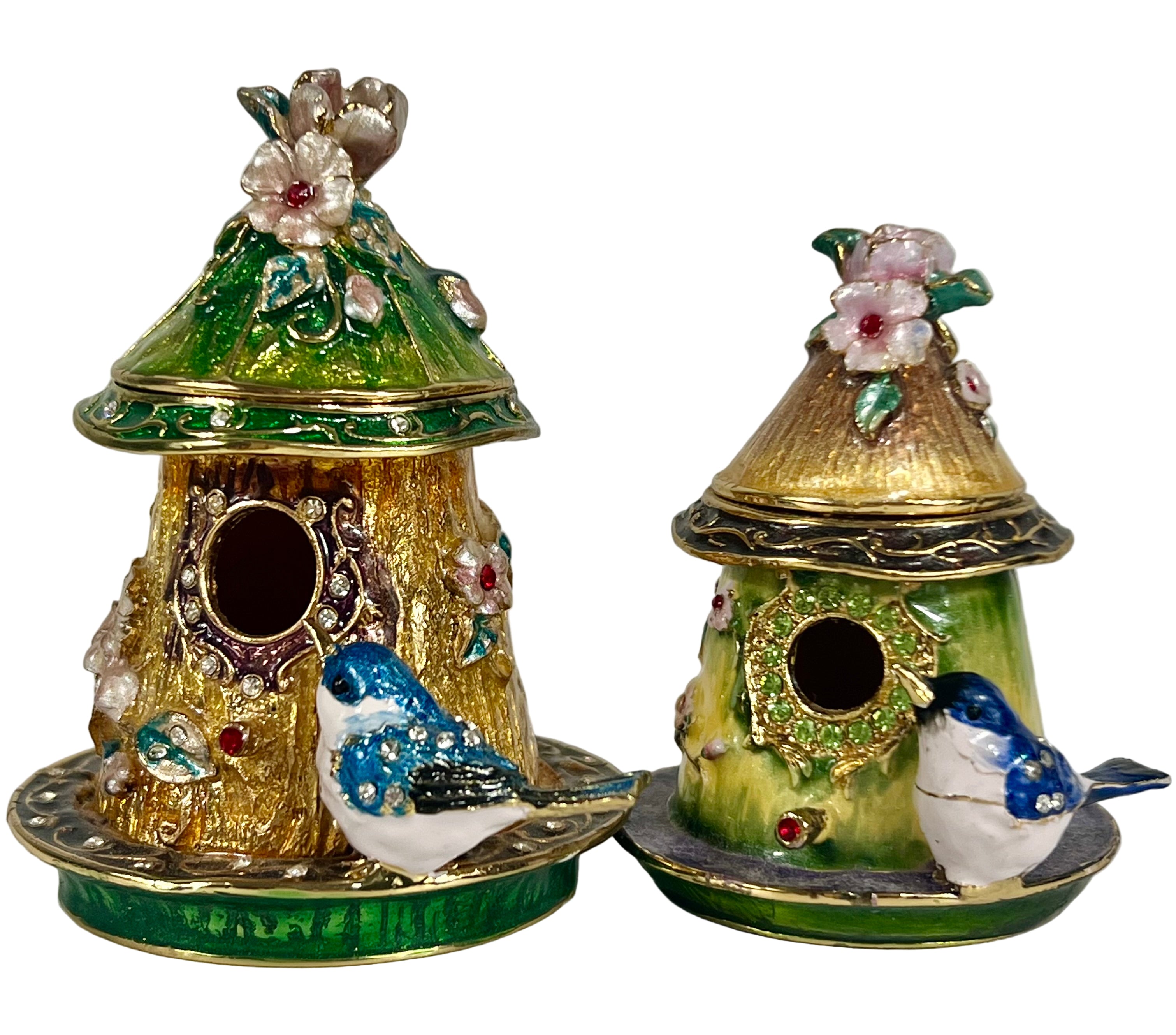 VINTAGE JEWELED BIRDHOUSE TRINKET BOX SET ENAMELED METAL FLORAL FAIRY GARDEN DECOR COLLECTIBLE