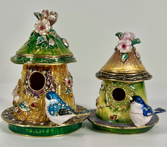 VINTAGE DEPARTMENT 56 PAIR OF 24 K GOLD PLATED TRINKET/JEWELRY BOX BIRDHOUSES WITH CRYSTAL ACCENTS