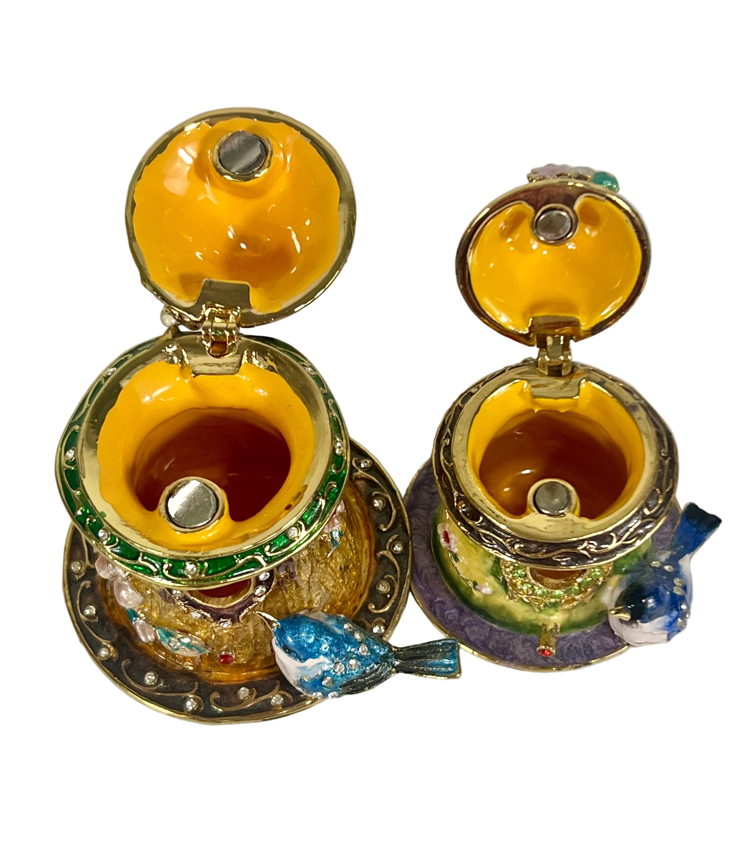 VINTAGE JEWELED BIRDHOUSE TRINKET BOX SET ENAMELED METAL FLORAL FAIRY GARDEN DECOR COLLECTIBLE