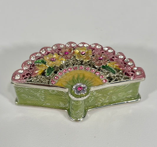 VINTAGE SMALL TRINKET/JEWELRY BOX FAN SHAPED WITH FLOWERS