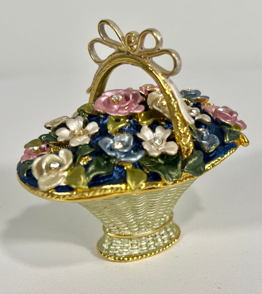 VINTAGE FLOWER BASKET TRINKET/JEWELRY BOX WITH CRYSTAL DETAILS
