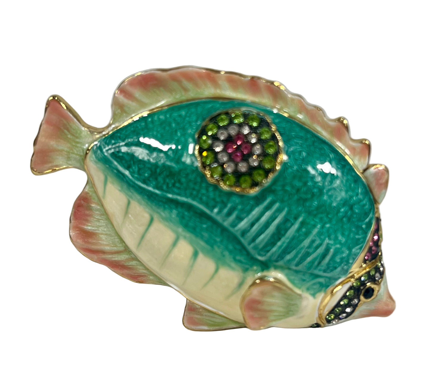 VINTAGE PINK GEEN, AND WHITE CRYSTALS FISH SHAPED TRINKET/JEWELRY BOX