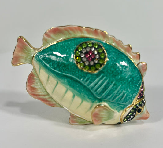 VINTAGE PINK GEEN, AND WHITE CRYSTALS FISH SHAPED TRINKET/JEWELRY BOX