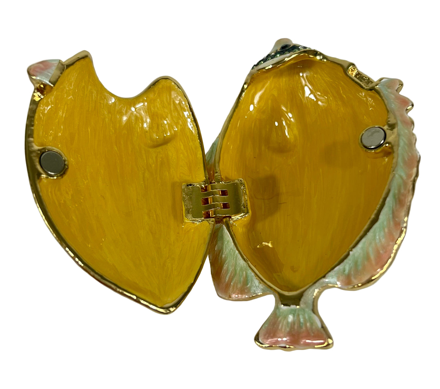 VINTAGE PINK GEEN, AND WHITE CRYSTALS FISH SHAPED TRINKET/JEWELRY BOX