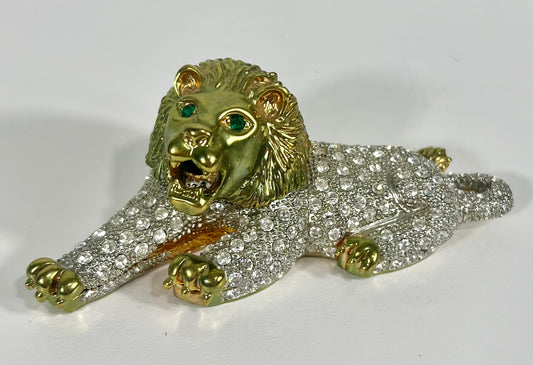 VINTAGE WHITE CRYSTAL AND GOLD LION SHAPED TRINKET/JEWELRY BOX