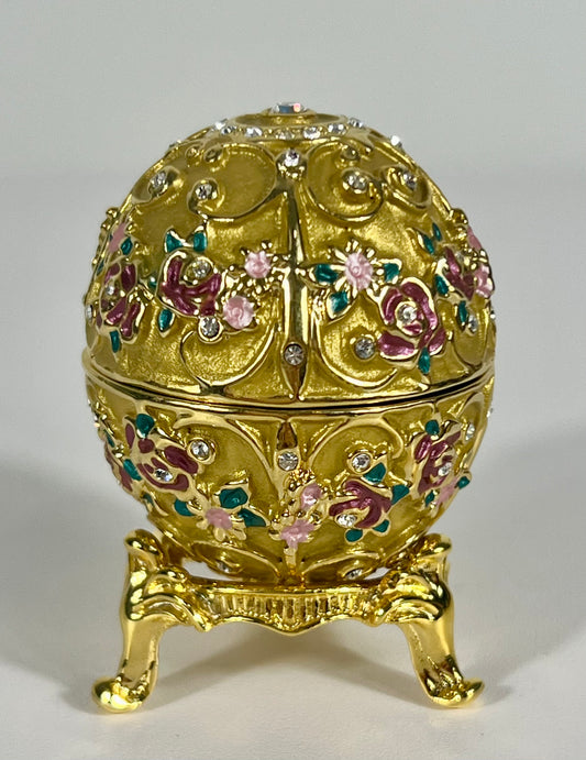 VINTAGE GOLD PLATED FABRAGE EGG INSPIRED TRINKET/JEWELRY BOX WITH SWARVOSKI CRYSTAL DETAILS