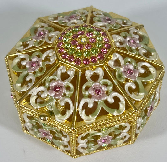 VINTAGE GREEN AND PINK CRYSTALS AND GOLD TRINKET/JEWELRY BOX