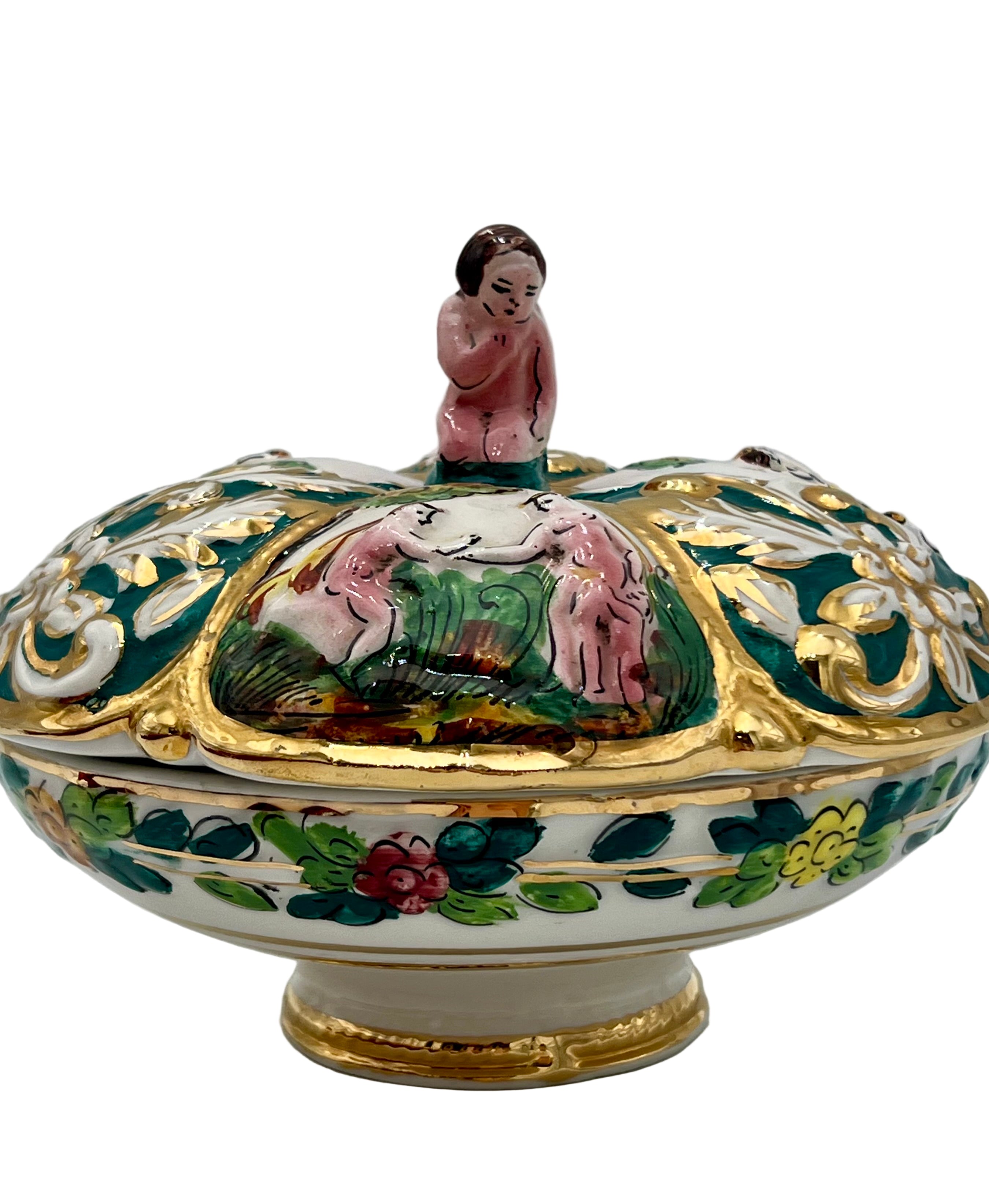 VINTAGE ITALIAN MAJOLICA COVERED DISH – HAND-PAINTED ADAM & EVE SCENES – GILDED BAROQUE DETAIL – DERUTA-STYLE CERAMIC BOX
