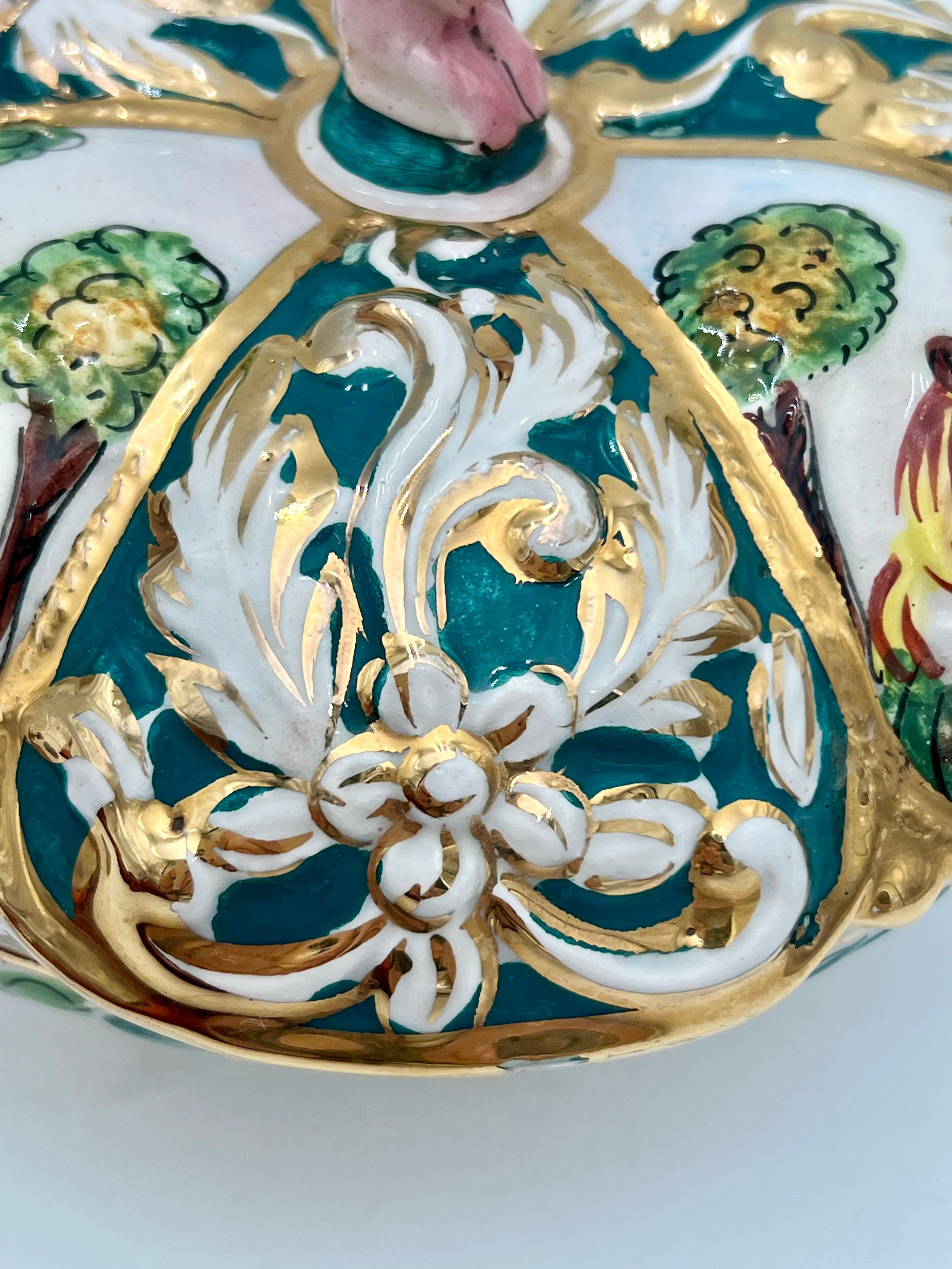 VINTAGE ITALIAN MAJOLICA COVERED DISH – HAND-PAINTED ADAM & EVE SCENES – GILDED BAROQUE DETAIL – DERUTA-STYLE CERAMIC BOX