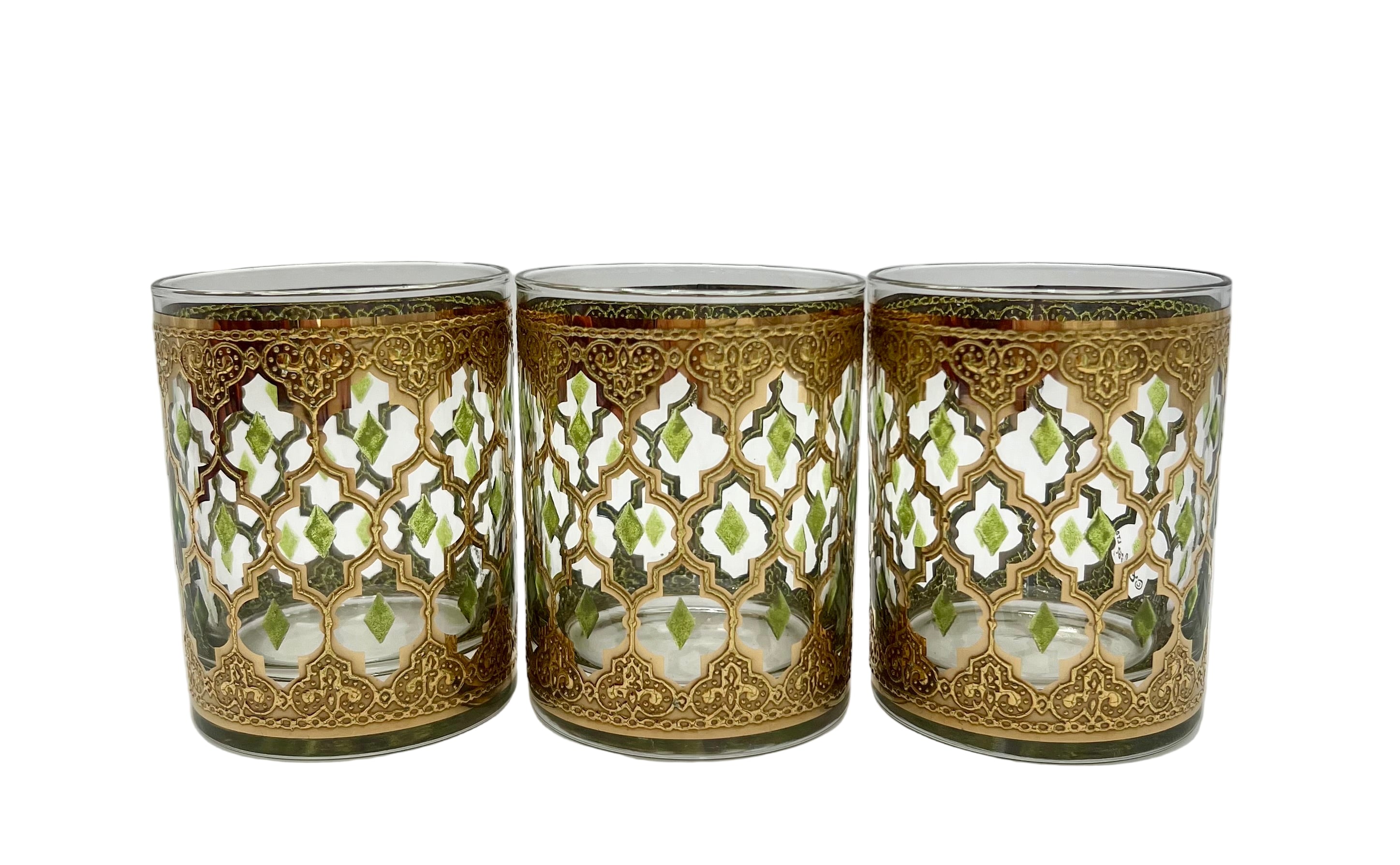 VINTAGE CULVER VALENCIA DOUBLE OLD FASHIONED GLASS – GOLD & GREEN MID-CENTURY BARWARE