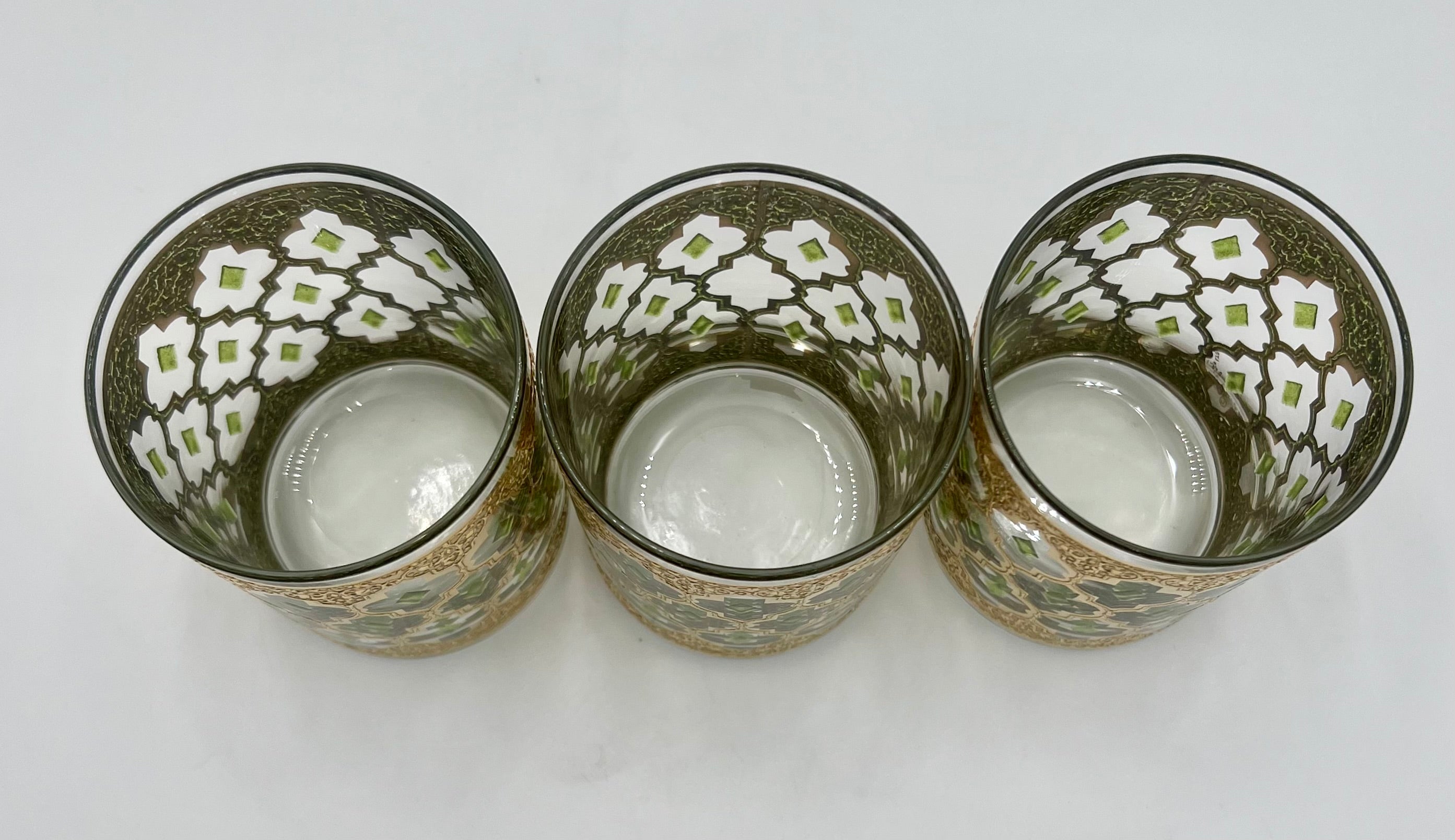 VINTAGE CULVER VALENCIA DOUBLE OLD FASHIONED GLASS – GOLD & GREEN MID-CENTURY BARWARE
