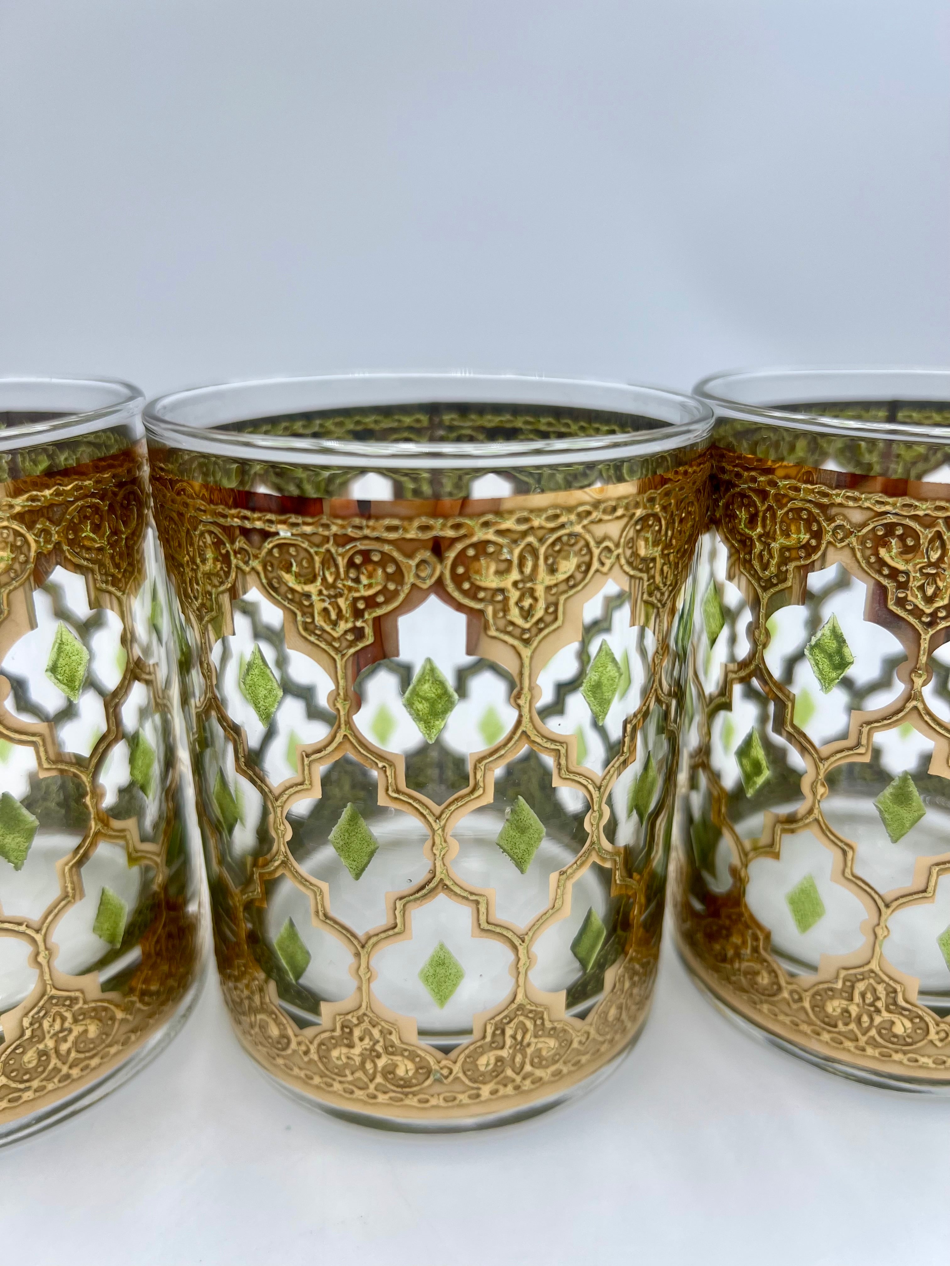 VINTAGE CULVER VALENCIA DOUBLE OLD FASHIONED GLASS – GOLD & GREEN MID-CENTURY BARWARE