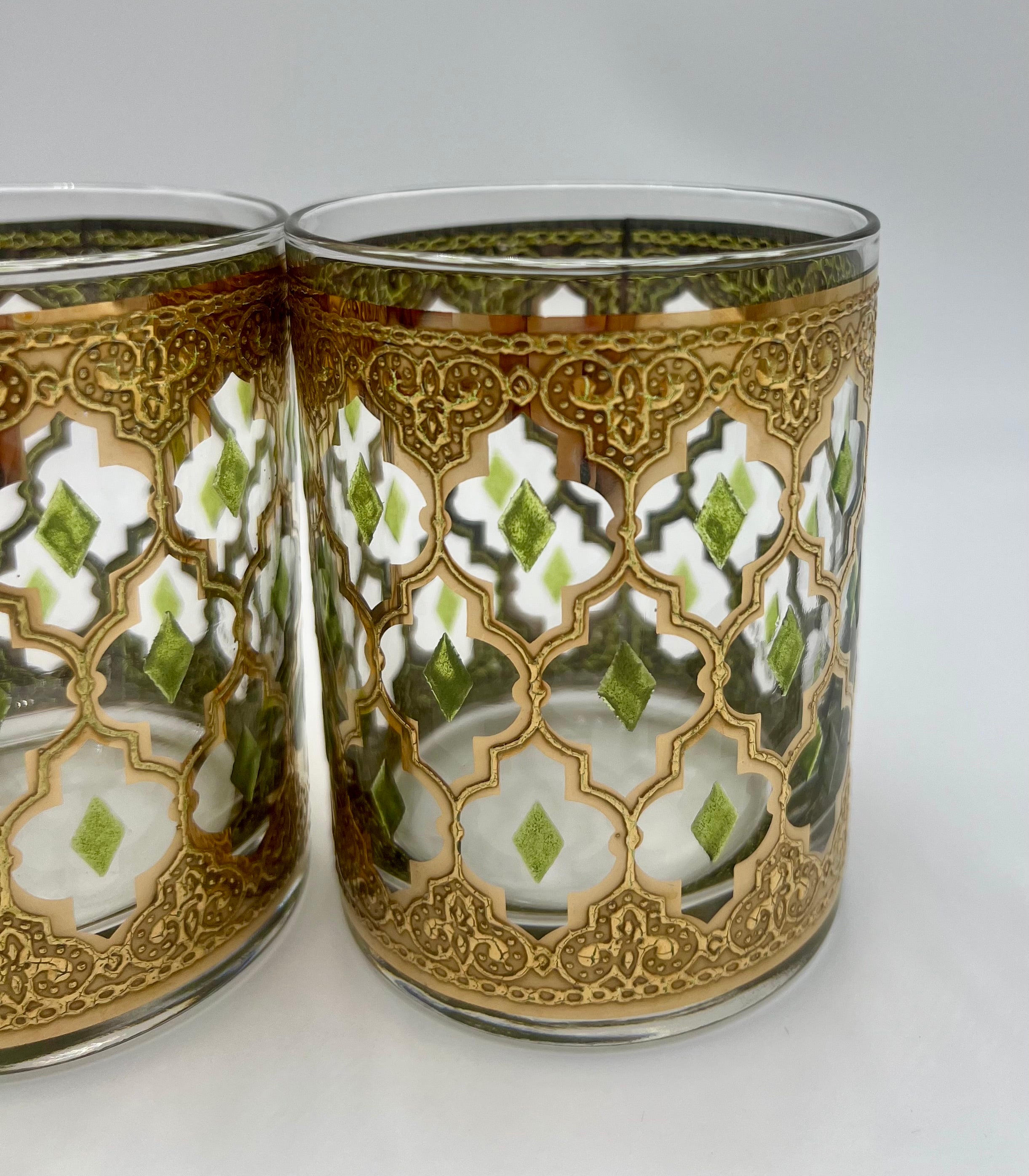 VINTAGE CULVER VALENCIA DOUBLE OLD FASHIONED GLASS – GOLD & GREEN MID-CENTURY BARWARE