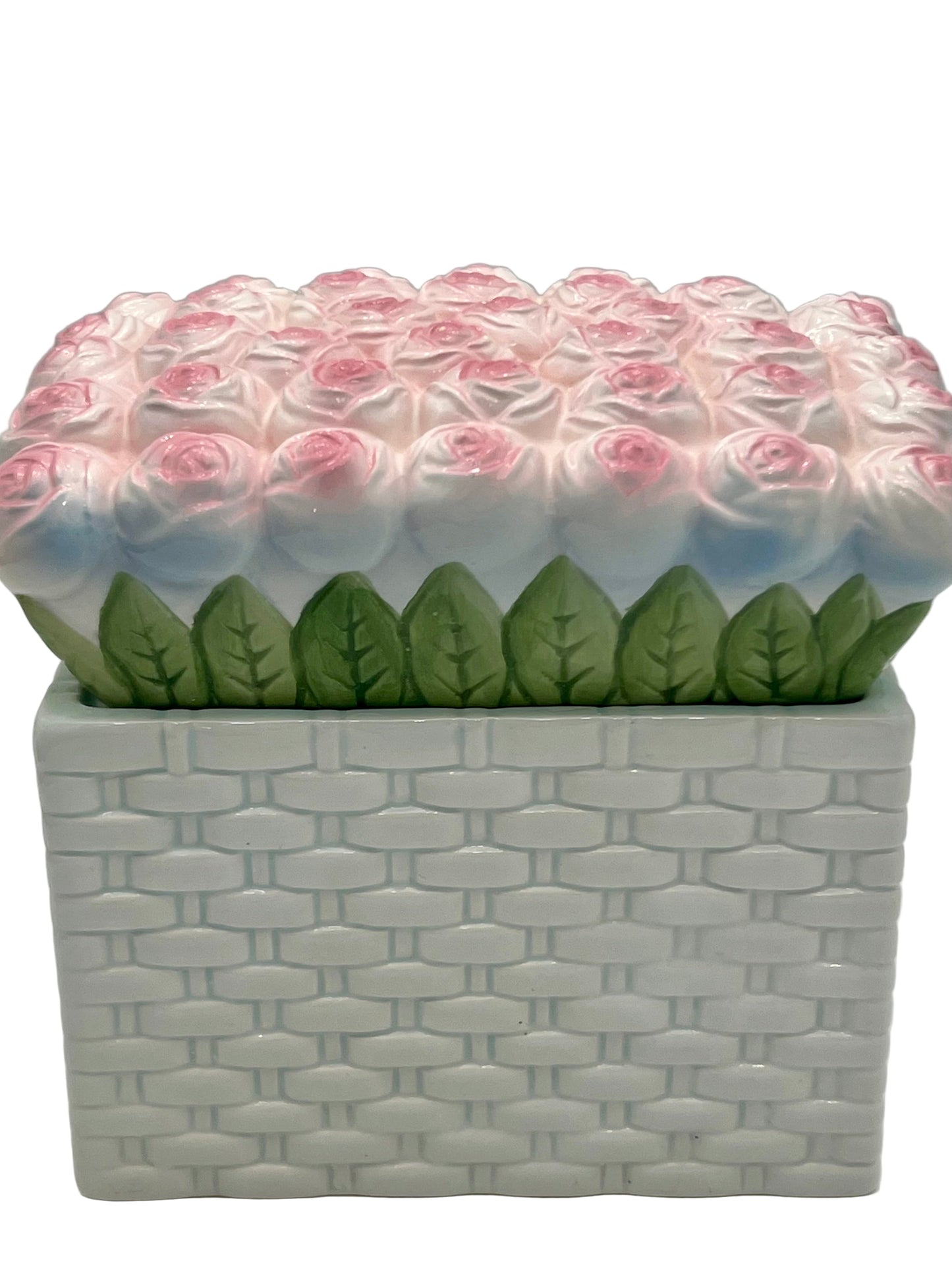 VINTAGE TWO'S COMPANY PINK CABBAGE ROSE BASKET CERAMIC CONTAINER