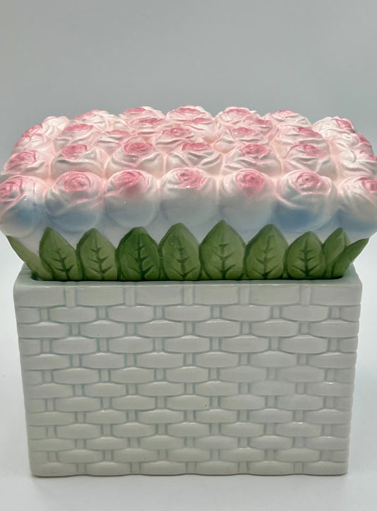 VINTAGE TWO'S COMPANY PINK CABBAGE ROSE BASKET CERAMIC CONTAINER