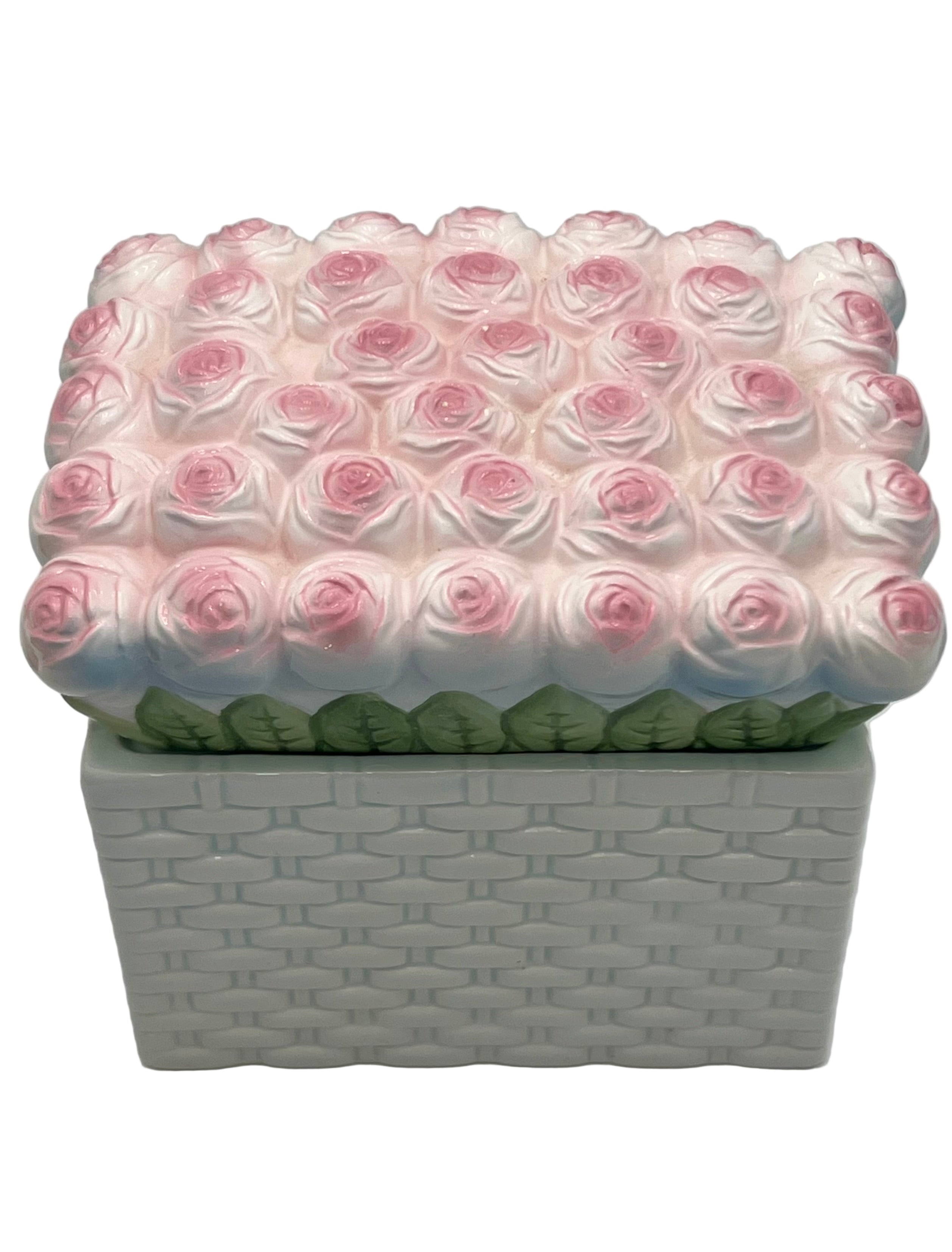VINTAGE TWO’S COMPANY ROSE CERAMIC PLANTER BOX WITH LID – PASTEL FLORAL BASKETWEAVE CACHEPOT – COTTAGECORE DECOR