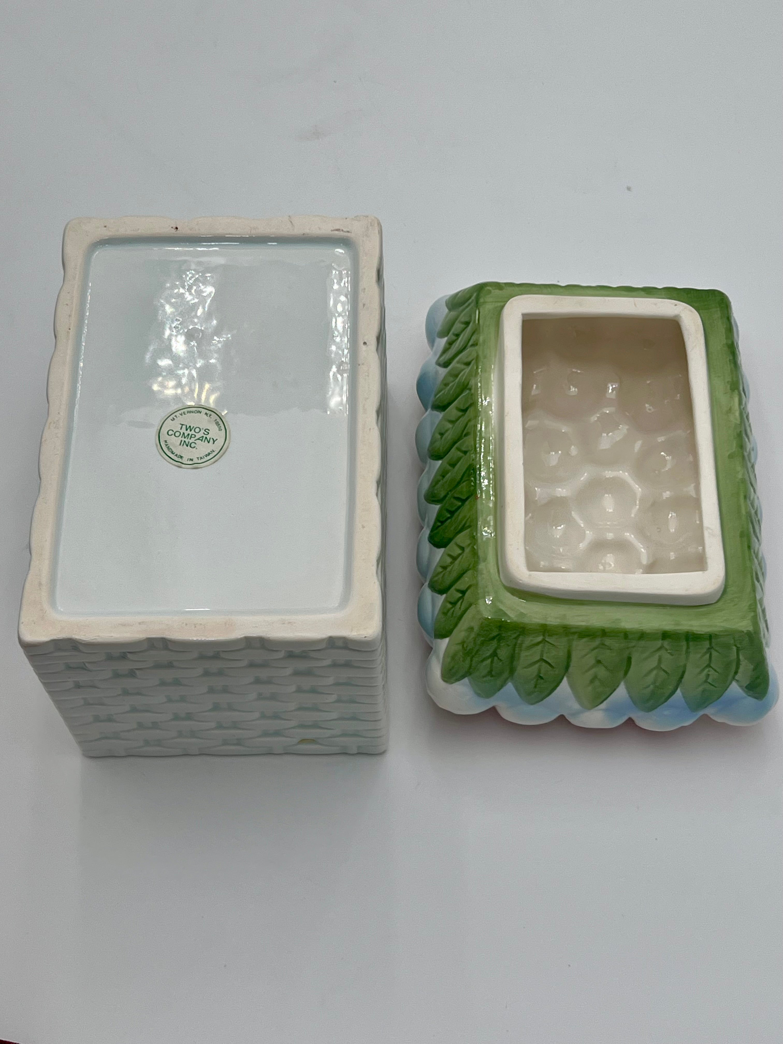 VINTAGE TWO’S COMPANY ROSE CERAMIC PLANTER BOX WITH LID – PASTEL FLORAL BASKETWEAVE CACHEPOT – COTTAGECORE DECOR